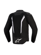 Chaqueta Alpinestars AST V3 Air, vista posterior, negro con detalles en blanco y gris oscuro, con un gran panel de ventilación de malla, logotipo blanco de Alpinestars en la parte inferior de la espalda y zonas perforadas con láser, chaqueta técnica de motociclismo de ajuste deportivo