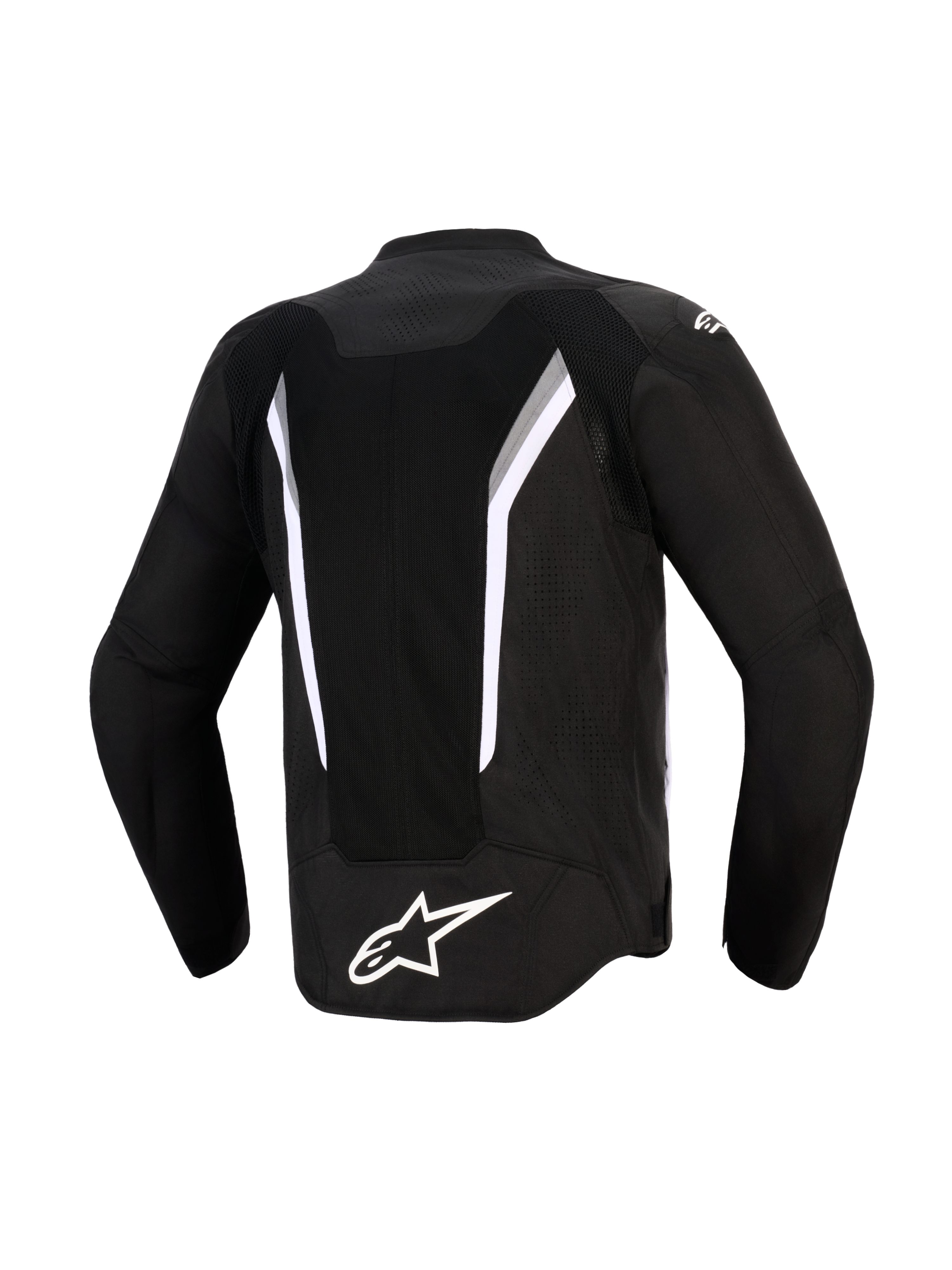 Chaqueta Alpinestars AST V3 Air, vista posterior, negro con detalles en blanco y gris oscuro, con un gran panel de ventilación de malla, logotipo blanco de Alpinestars en la parte inferior de la espalda y zonas perforadas con láser, chaqueta técnica de motociclismo de ajuste deportivo