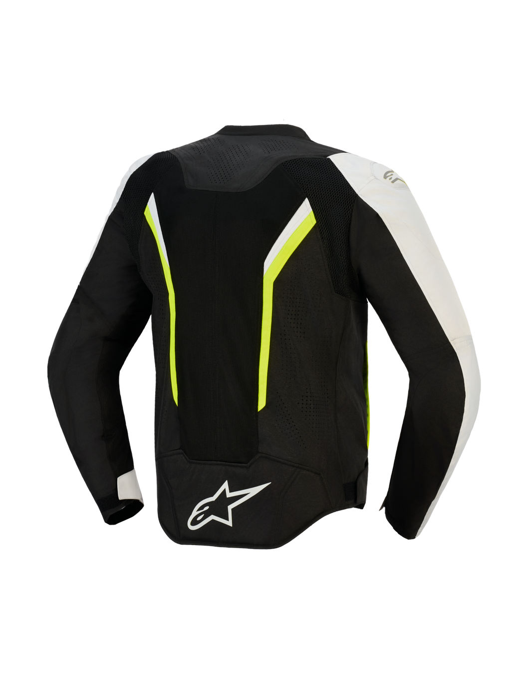 Chaqueta Alpinestars AST V3 Air, vista trasera, negro, plateado y amarillo flúor, chaqueta textil de motociclismo con grandes paneles de malla para la circulación del aire, detalles fluorescentes y logotipo blanco en la parte inferior de la espalda