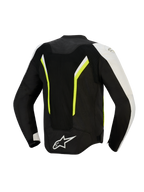 Chaqueta Alpinestars AST V3 Air, vista trasera, negro, plateado y amarillo flúor, chaqueta textil de motociclismo con grandes paneles de malla para la circulación del aire, detalles fluorescentes y logotipo blanco en la parte inferior de la espalda