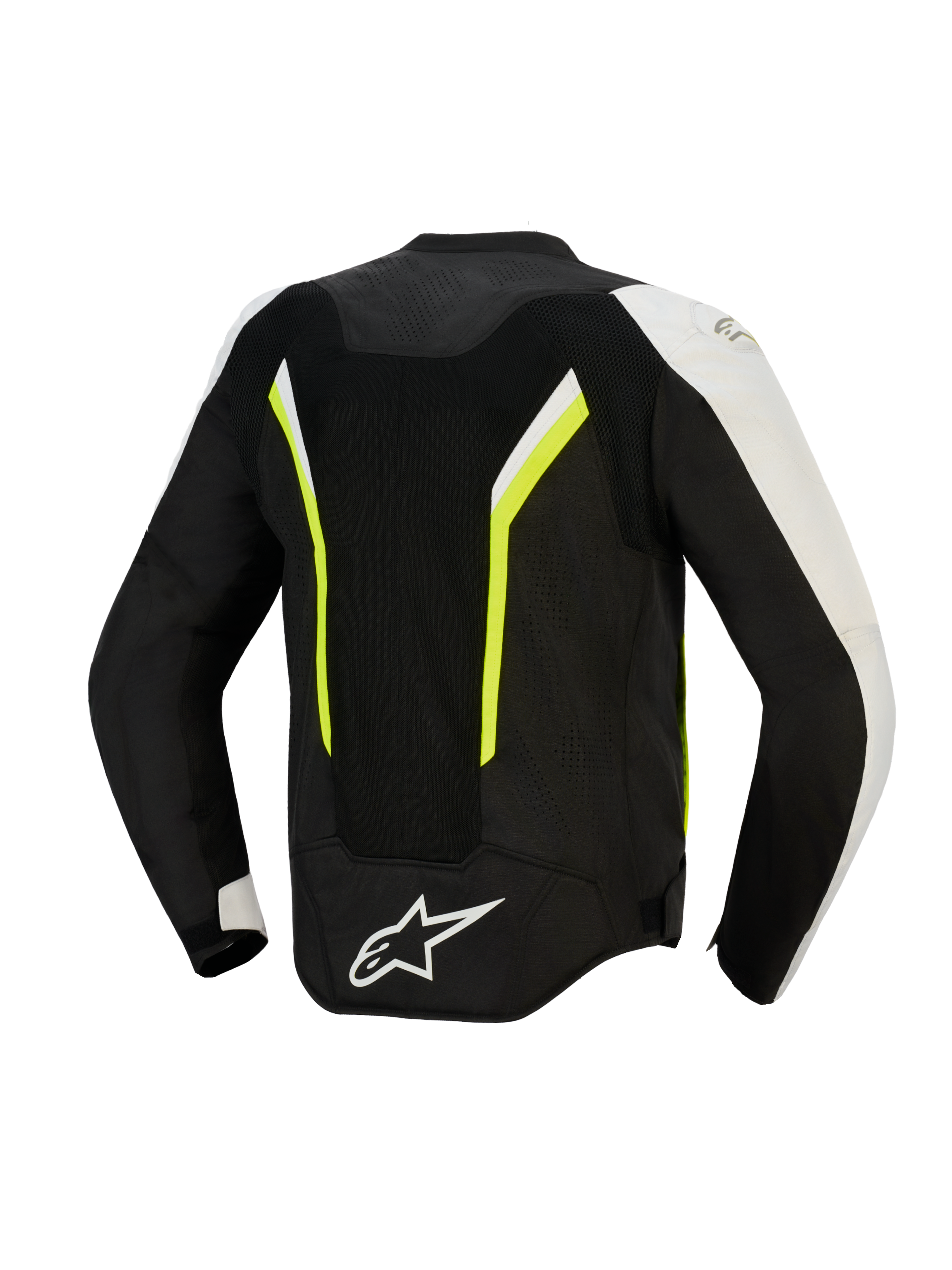 Chaqueta Alpinestars AST V3 Air, vista trasera, negro, plateado y amarillo flúor, chaqueta textil de motociclismo con grandes paneles de malla para la circulación del aire, detalles fluorescentes y logotipo blanco en la parte inferior de la espalda