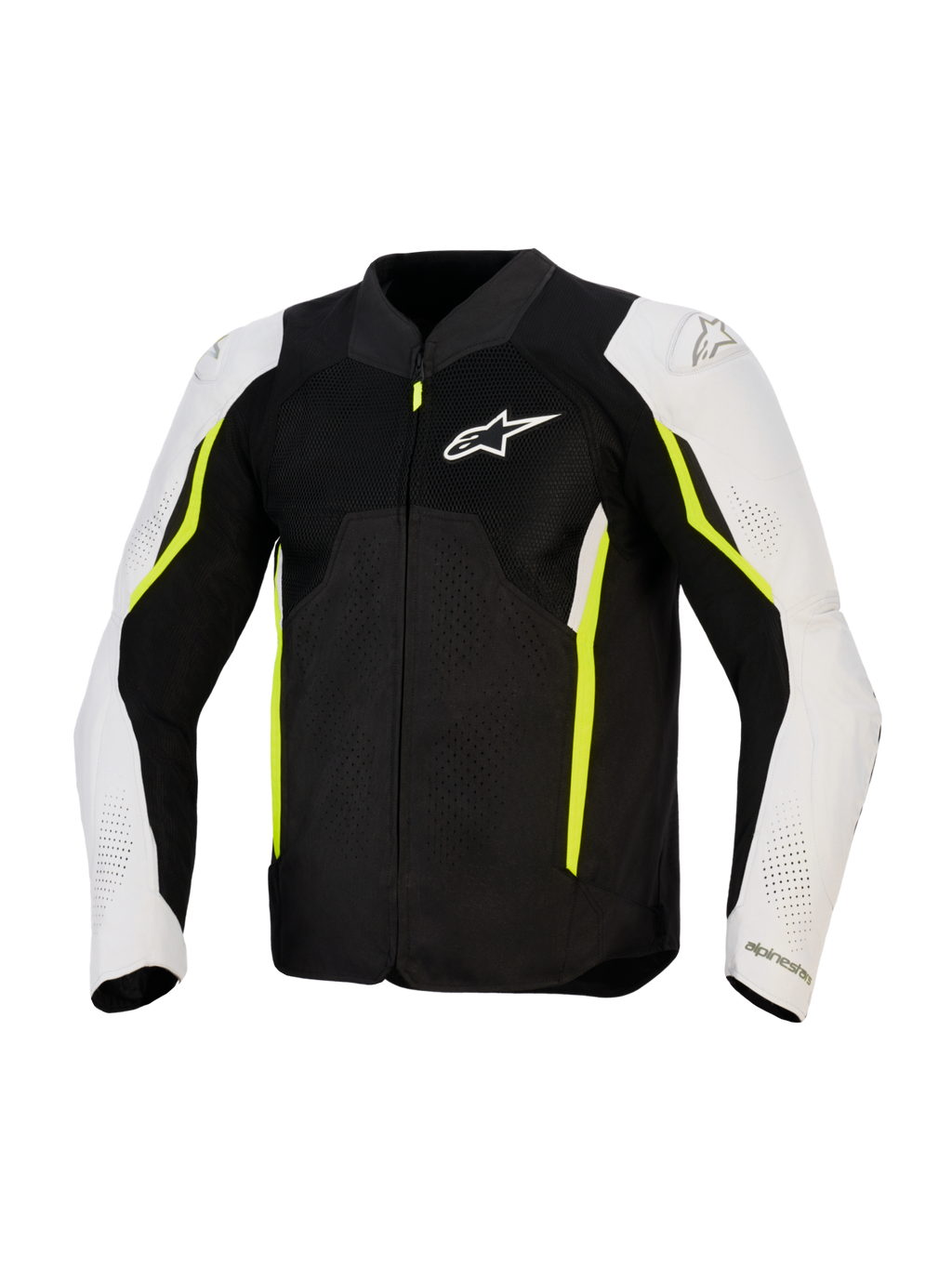 Chaqueta Alpinestars AST V3 Air, chaqueta textil de moto ventilada, negro, plateado y amarillo flúor, vista frontal con paneles de ventilación de malla, mangas blancas con detalles en amarillo neón y logotipo de Alpinestars en el pecho, diseño de alto rendimiento deportivo para conducir en climas cálidos