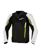 Chaqueta Alpinestars AST V3 Air, chaqueta textil de moto ventilada, negro, plateado y amarillo flúor, vista frontal con paneles de ventilación de malla, mangas blancas con detalles en amarillo neón y logotipo de Alpinestars en el pecho, diseño de alto rendimiento deportivo para conducir en climas cálidos