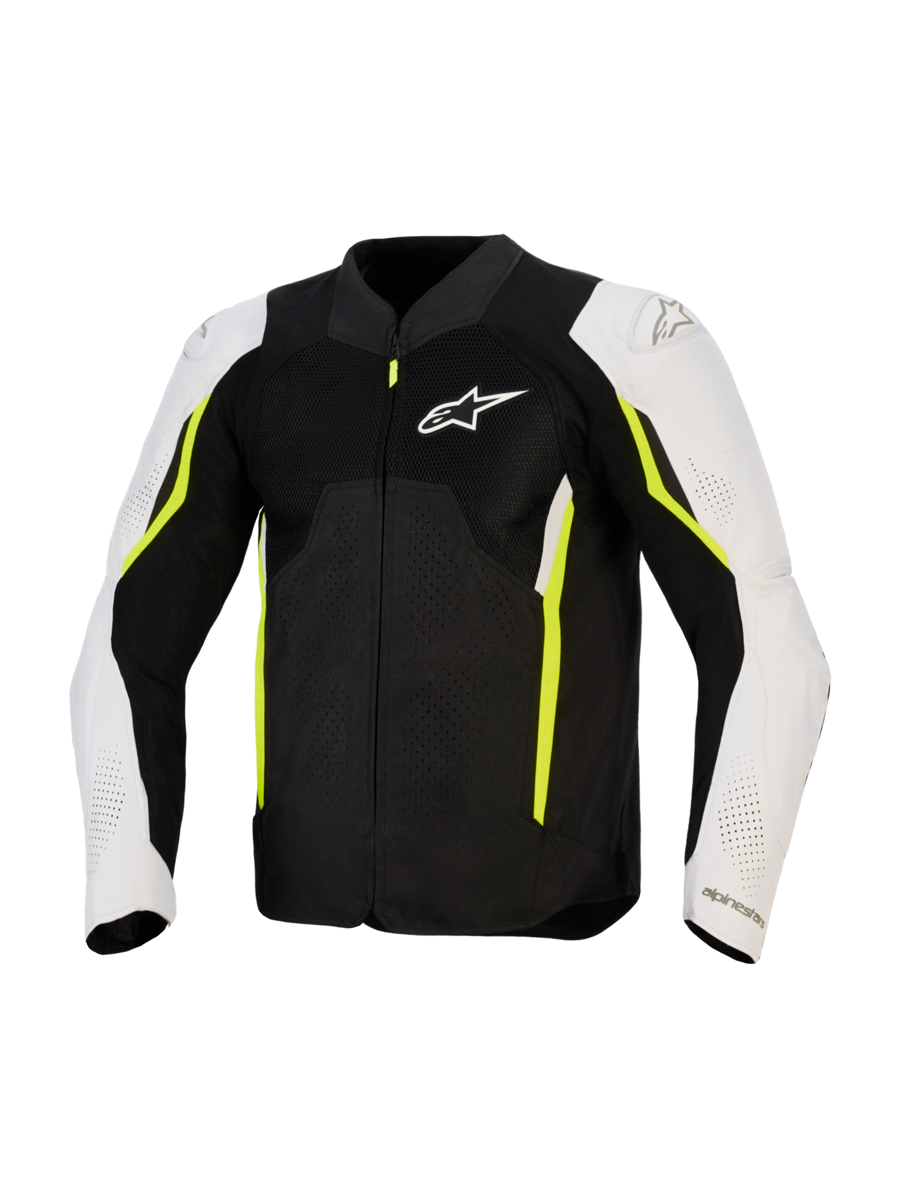 Chaqueta Alpinestars AST V3 Air, chaqueta textil de moto ventilada, negro, plateado y amarillo flúor, vista frontal con paneles de ventilación de malla, mangas blancas con detalles en amarillo neón y logotipo de Alpinestars en el pecho, diseño de alto rendimiento deportivo para conducir en climas cálidos
