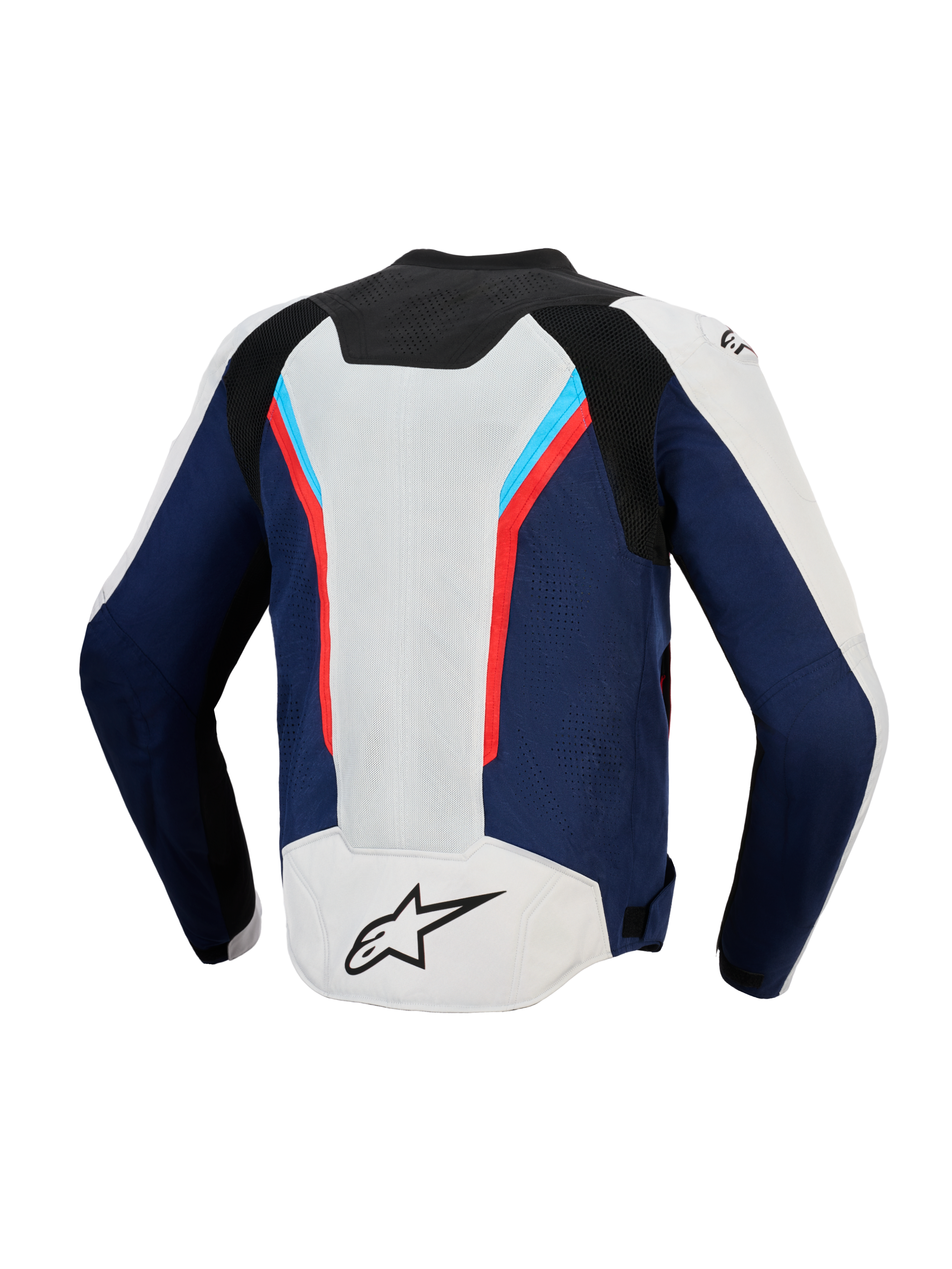 Chaqueta Alpinestars AST V3 Air, vista trasera, plata, azul profundo y rojo brillante, chaqueta técnica de motociclismo con amplios paneles de ventilación de malla, diseño deportivo multipanel con detalles en rojo y azul claro, logotipo A-star negro en la parte inferior de la espalda sobre fondo plateado.