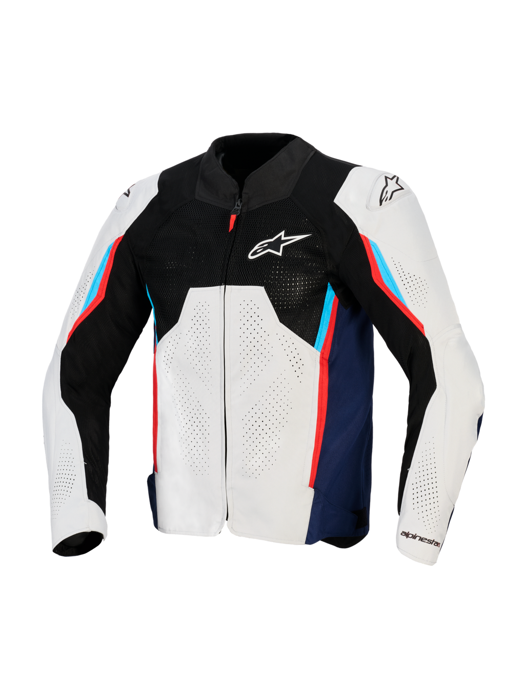 Chaqueta Alpinestars AST V3 Air, chaqueta de carreras para moto, color plata, azul oscuro y rojo brillante, vista frontal con parte superior de malla técnica negra, paneles textiles perforados con láser y deslizadores DFS externos en los hombros, diseño de ajuste deportivo para climas cálidos
