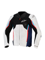 Chaqueta Alpinestars AST V3 Air, chaqueta de carreras para moto, color plata, azul oscuro y rojo brillante, vista frontal con parte superior de malla técnica negra, paneles textiles perforados con láser y deslizadores DFS externos en los hombros, diseño de ajuste deportivo para climas cálidos