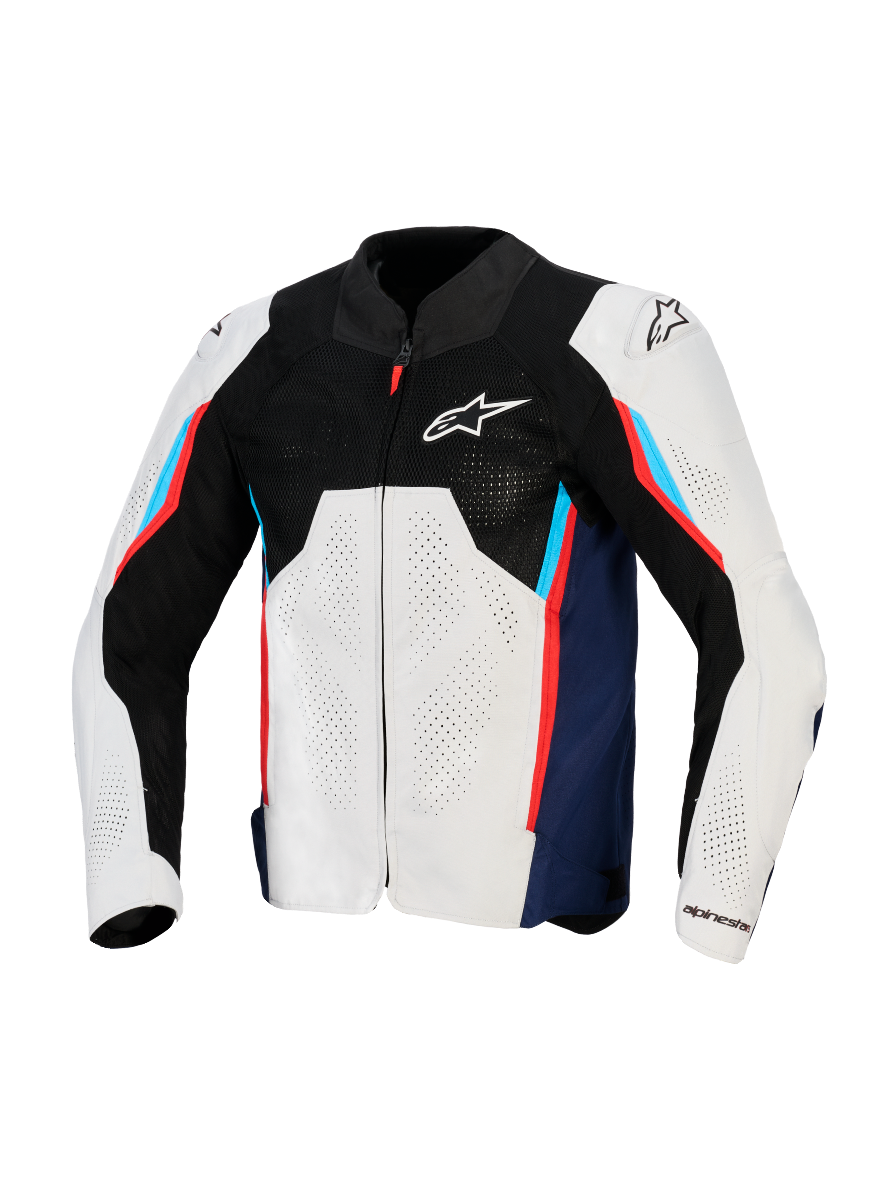 Chaqueta Alpinestars AST V3 Air, chaqueta de carreras para moto, color plata, azul oscuro y rojo brillante, vista frontal con parte superior de malla técnica negra, paneles textiles perforados con láser y deslizadores DFS externos en los hombros, diseño de ajuste deportivo para climas cálidos