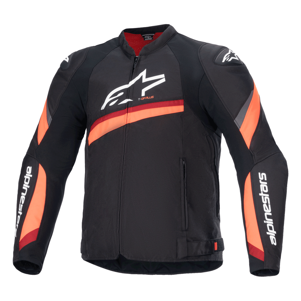 Alpinestars T-GP Plus R V4 Jacket, Black motorcycle jacket with red and fluo orange stripes, large white logo on chest, sporty textile design with red collar lining and branded sleeves, high-performance sport riding gear