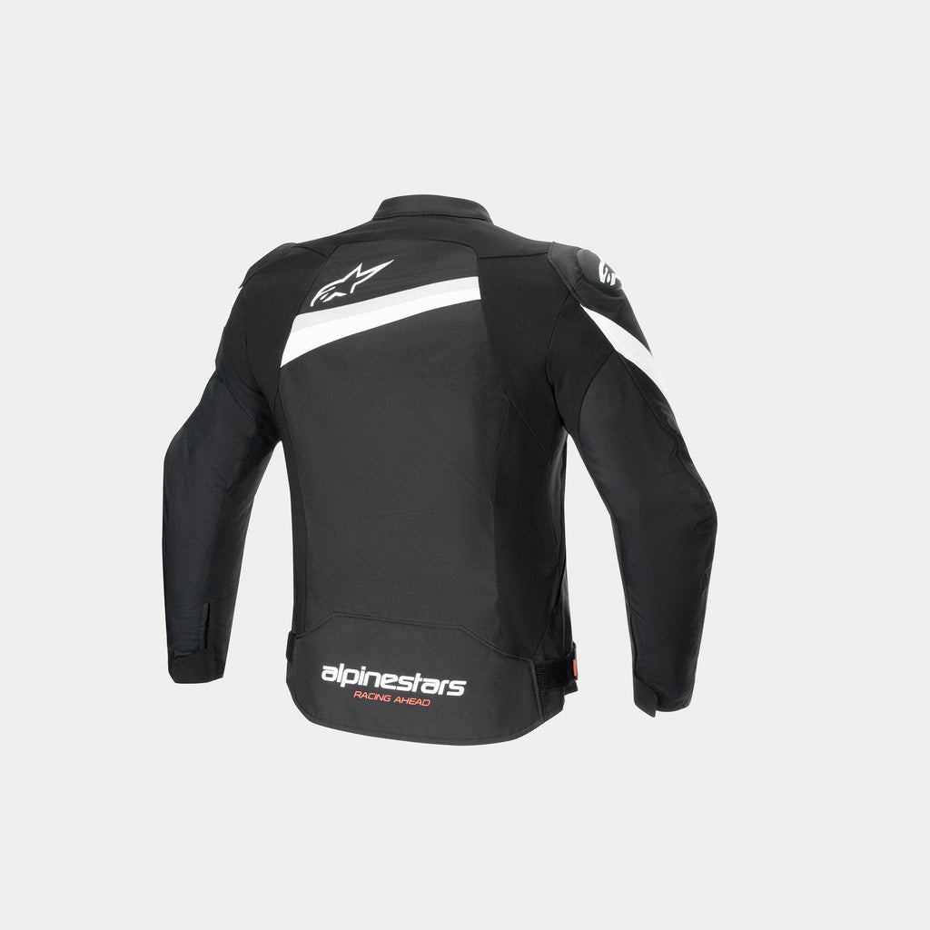 Alpinestars Chaqueta T-GP Plus R V4, chaqueta de moto textil, vista trasera con mangas precurvadas, logotipos blancos y construcción con certificación CE, negra y blanca