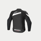 Alpinestars Chaqueta T-GP Plus R V4, chaqueta de moto textil, vista trasera con mangas precurvadas, logotipos blancos y construcción con certificación CE, negra y blanca
