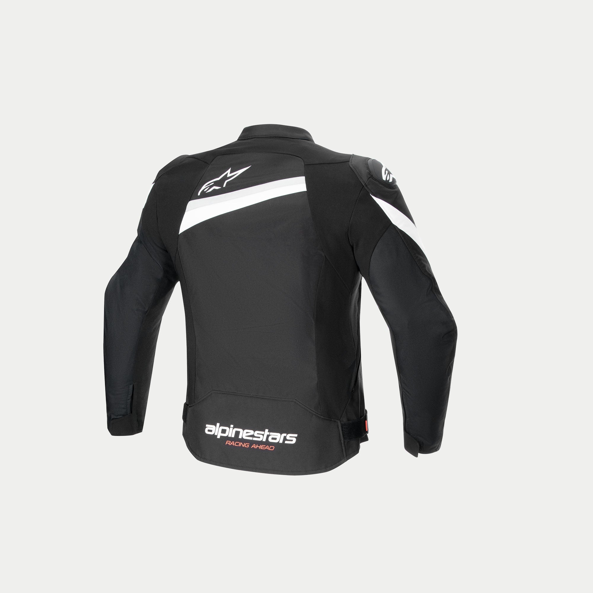 Alpinestars Chaqueta T-GP Plus R V4, chaqueta de moto textil, vista trasera con mangas precurvadas, logotipos blancos y construcción con certificación CE, negra y blanca