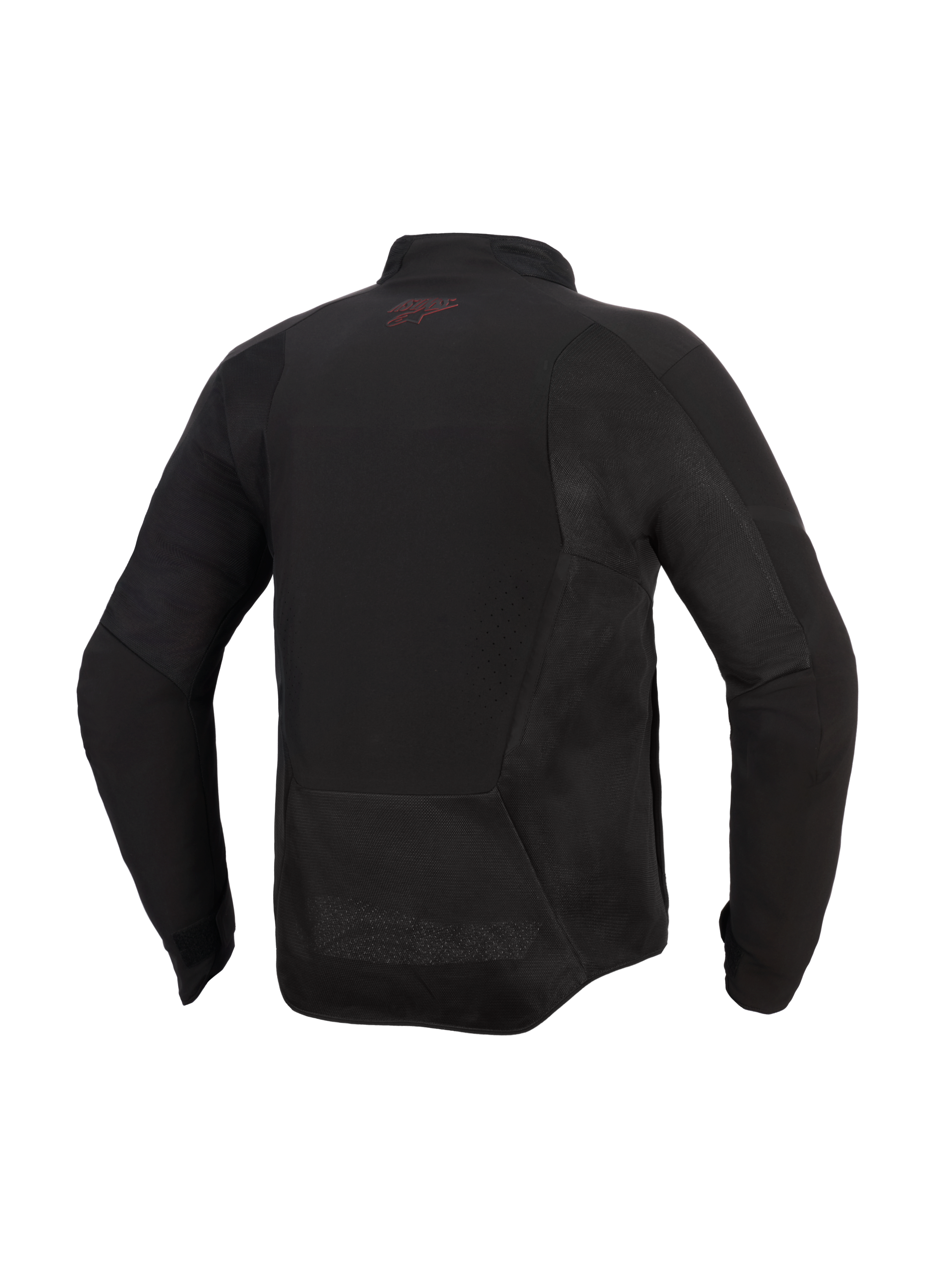 Chaqueta Alpinestars Aeroshell Airflow, chaqueta de moto, Black Anthracite, vista trasera con paneles de malla y zonas de ventilación perforadas con láser, parte trasera alargada para mayor cobertura al conducir, pequeño logo rojo en la parte posterior del cuello, diseño de softshell ligero con corte deportivo