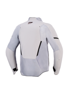 Chaqueta Alpinestars Aeroshell Airflow, chaqueta de moto, gris medio antracita, vista trasera con paneles de ventilación de malla y perforaciones láser, tejido elástico ligero con diseño de corte deportivo para climas cálidos