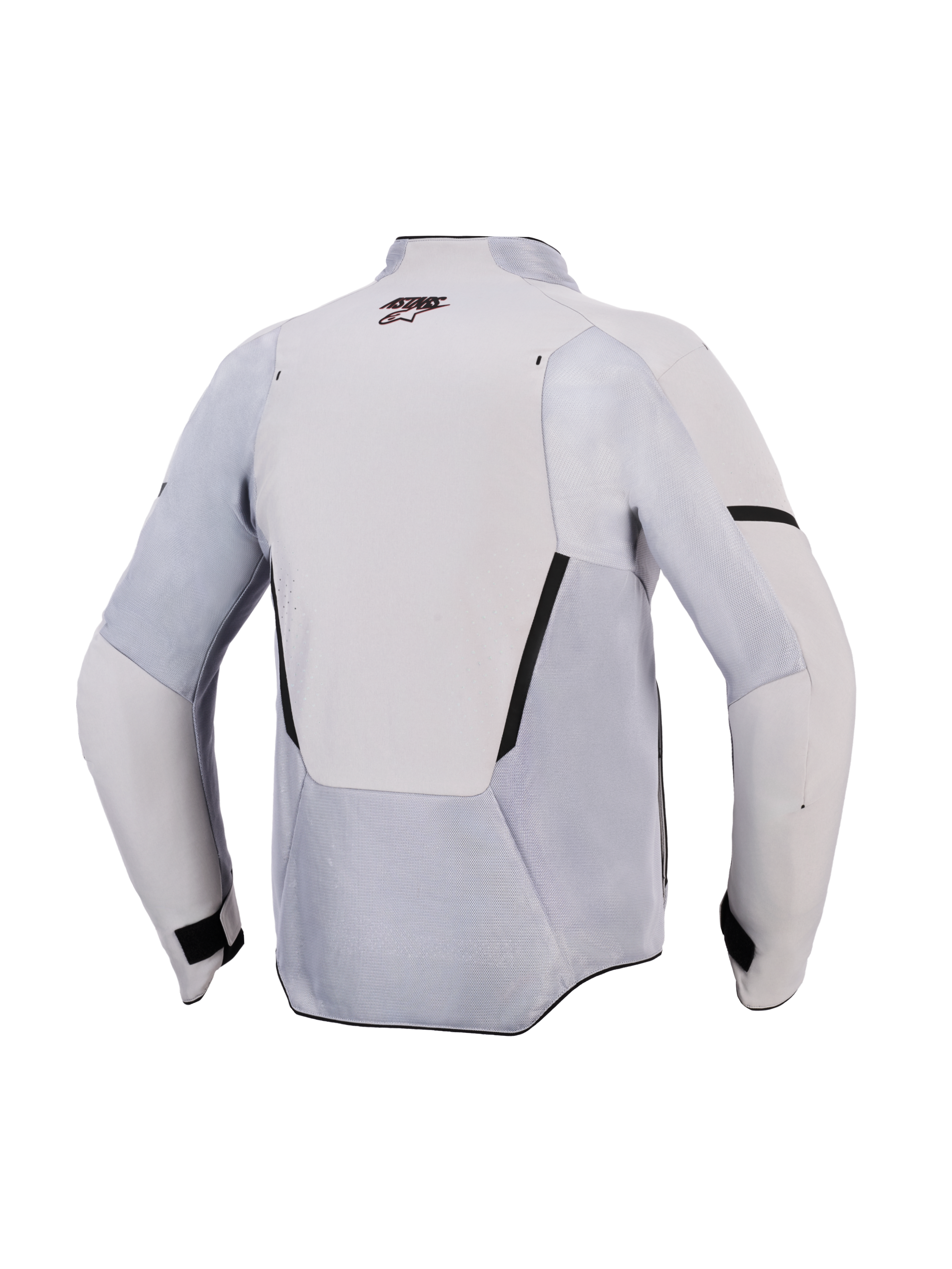 Chaqueta Alpinestars Aeroshell Airflow, chaqueta de moto, gris medio antracita, vista trasera con paneles de ventilación de malla y perforaciones láser, tejido elástico ligero con diseño de corte deportivo para climas cálidos