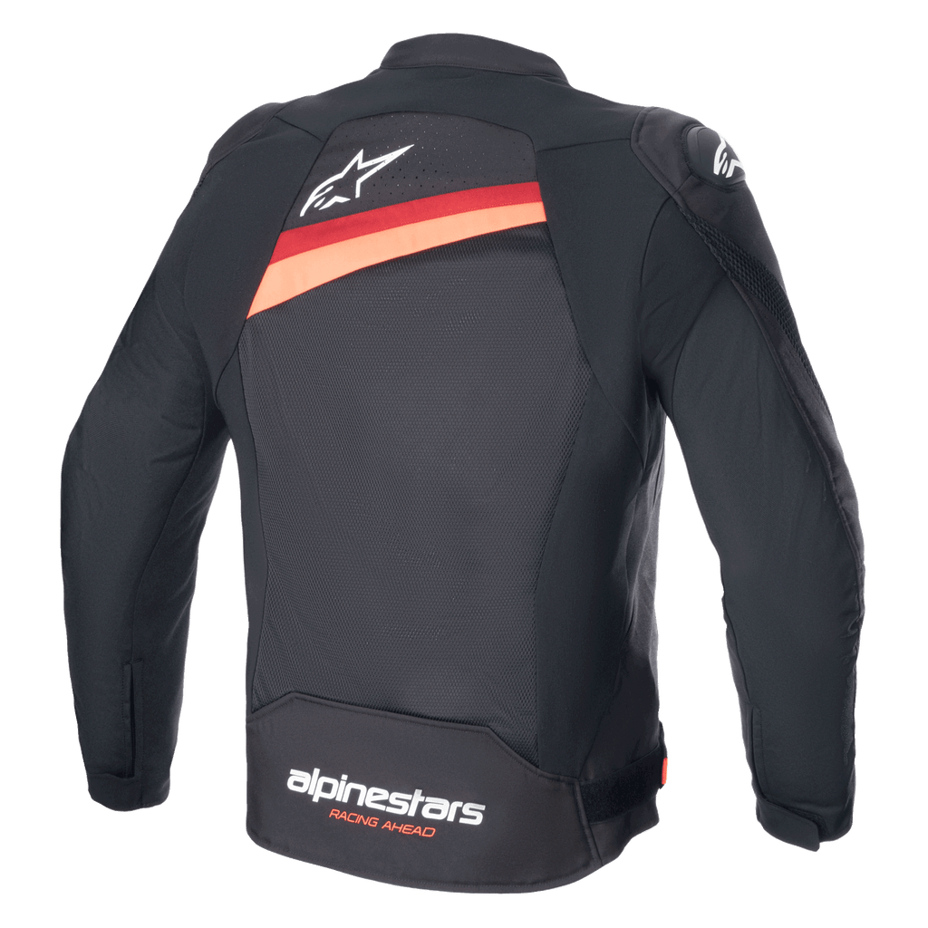 Chaqueta Alpinestars T-GP Plus R V4 Airflow, negro con rojo flúor, vista trasera de la chaqueta textil para moto con amplios paneles de ventilación de malla, logotipo Astar blanco en la zona superior y marca 'alpinestars RACING AHEAD' en la parte inferior de la espalda.