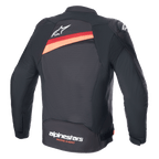 Chaqueta Alpinestars T-GP Plus R V4 Airflow, negro con rojo flúor, vista trasera de la chaqueta textil para moto con amplios paneles de ventilación de malla, logotipo Astar blanco en la zona superior y marca 'alpinestars RACING AHEAD' en la parte inferior de la espalda.
