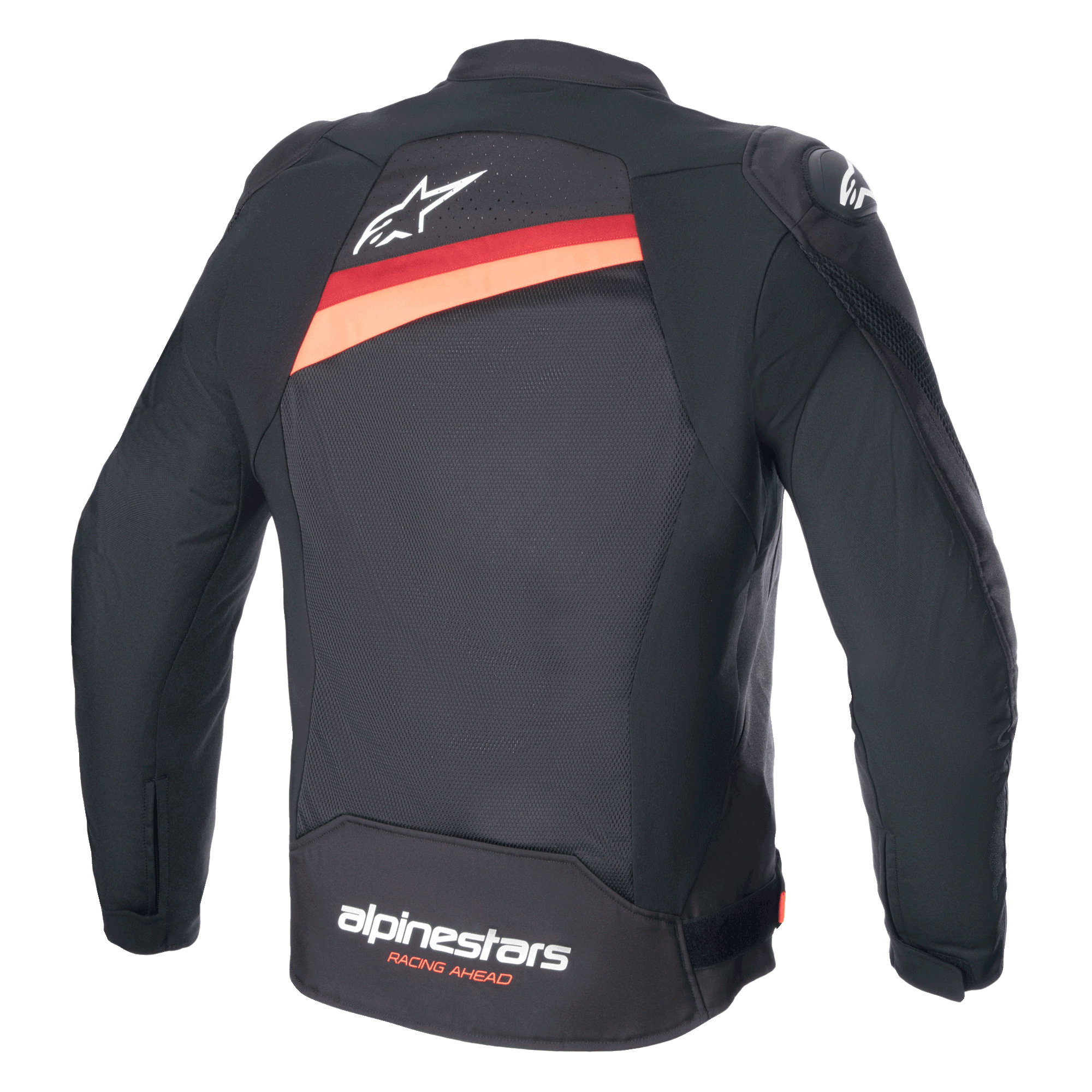 Chaqueta Alpinestars T-GP Plus R V4 Airflow, negro con rojo flúor, vista trasera de la chaqueta textil para moto con amplios paneles de ventilación de malla, logotipo Astar blanco en la zona superior y marca 'alpinestars RACING AHEAD' en la parte inferior de la espalda.