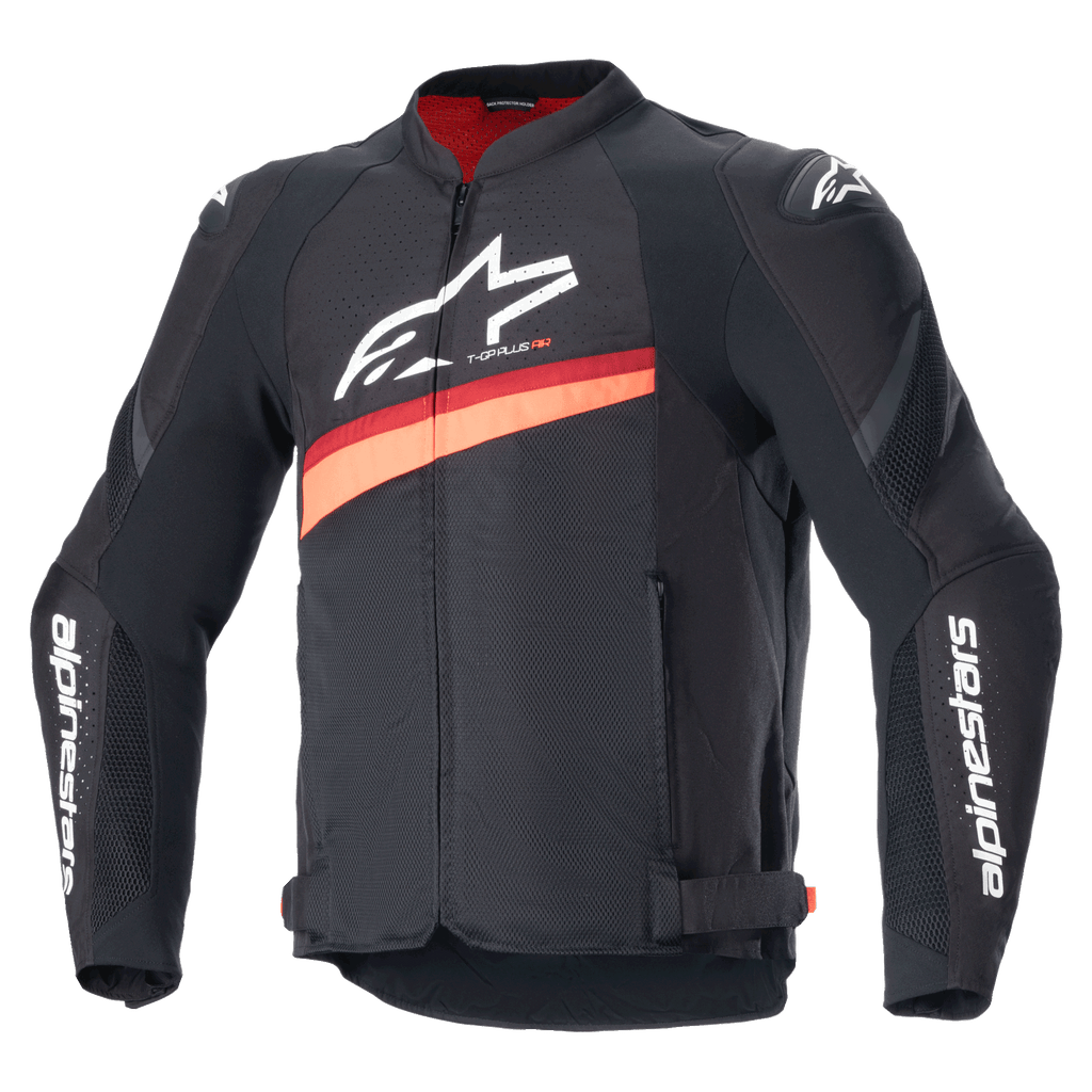 Alpinestars T-GP Plus R V4 Airflow Jacket, chaqueta de moto textil de carreras en negro y rojo fluorescente, con amplios paneles de ventilación de malla, logotipos blancos en el pecho y las mangas, correas de ajuste en la cintura y diseño deportivo.