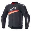 Alpinestars T-GP Plus R V4 Airflow Jacket, chaqueta de moto textil de carreras en negro y rojo fluorescente, con amplios paneles de ventilación de malla, logotipos blancos en el pecho y las mangas, correas de ajuste en la cintura y diseño deportivo.