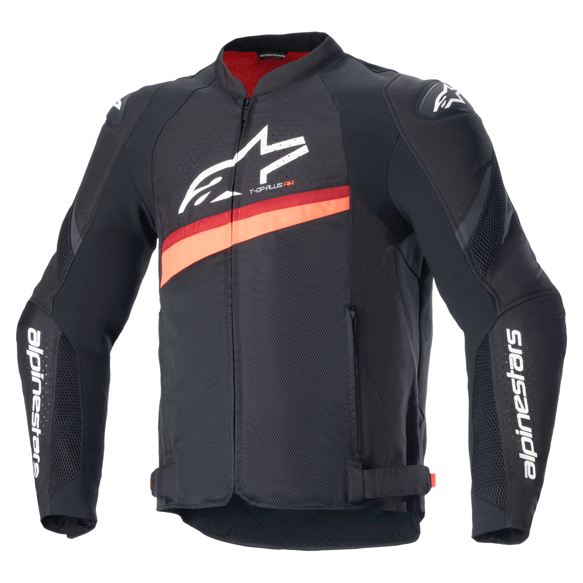 Alpinestars T-GP Plus R V4 Airflow Jacket, chaqueta de moto textil de carreras en negro y rojo fluorescente, con amplios paneles de ventilación de malla, logotipos blancos en el pecho y las mangas, correas de ajuste en la cintura y diseño deportivo.