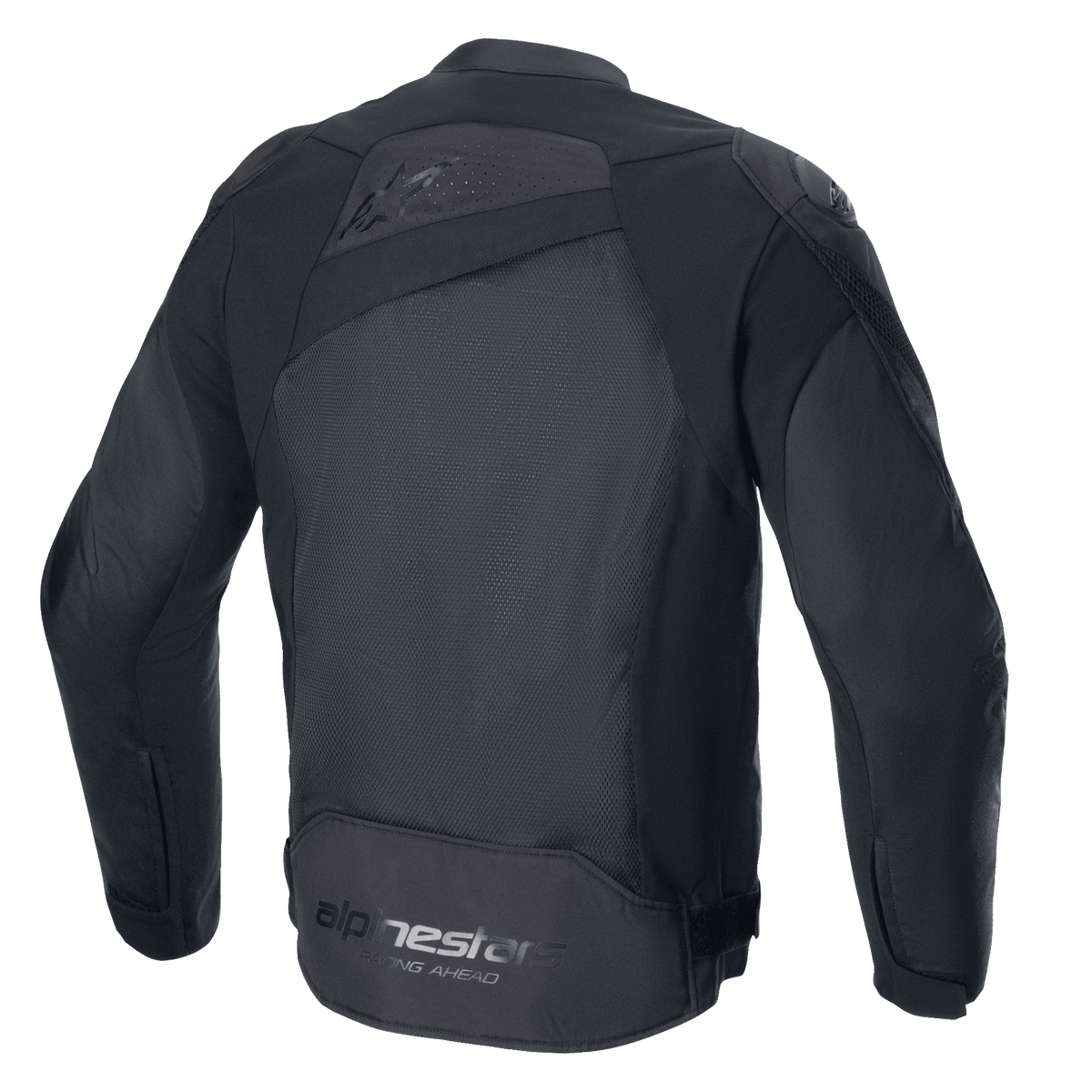 Chaqueta Alpinestars T-GP Plus R V4 Airflow, Negro/Negro, vista trasera, con un gran panel de malla para un flujo de aire máximo, parte superior de la espalda perforada, logotipo sutil en relieve y marca Alpinestars Racing Ahead en la parte inferior de la espalda, chaqueta de moto textil de ajuste deportivo