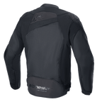 Chaqueta Alpinestars T-GP Plus R V4 Airflow, Negro/Negro, vista trasera, con un gran panel de malla para un flujo de aire máximo, parte superior de la espalda perforada, logotipo sutil en relieve y marca Alpinestars Racing Ahead en la parte inferior de la espalda, chaqueta de moto textil de ajuste deportivo