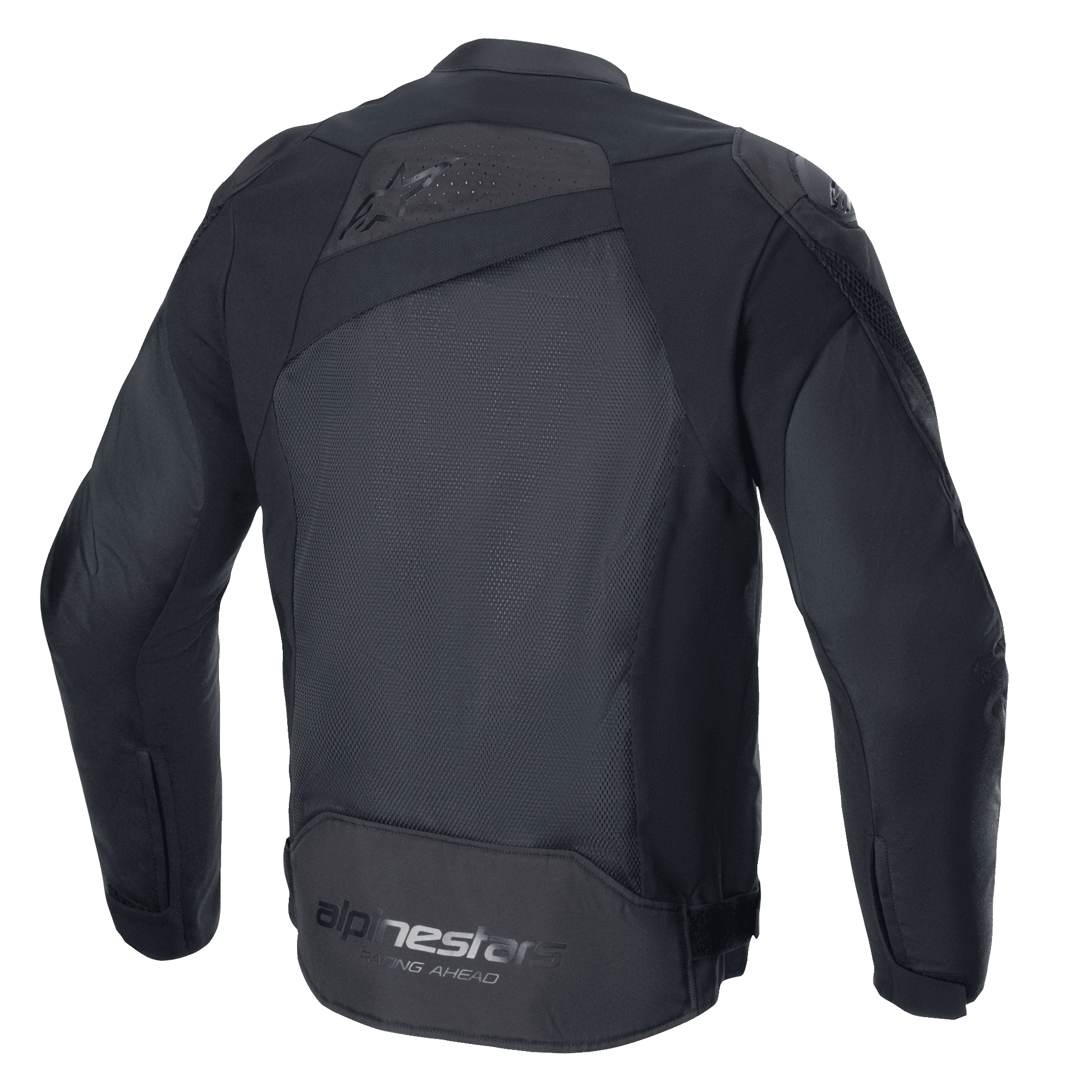 Chaqueta Alpinestars T-GP Plus R V4 Airflow, Negro/Negro, vista trasera, con un gran panel de malla para un flujo de aire máximo, parte superior de la espalda perforada, logotipo sutil en relieve y marca Alpinestars Racing Ahead en la parte inferior de la espalda, chaqueta de moto textil de ajuste deportivo