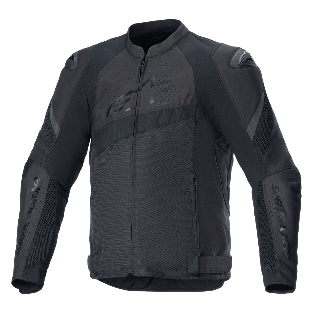 Alpinestars T-GP Plus R V4 Airflow Jacket, chaqueta de textil negro para motociclismo de carreras, amplios paneles de ventilación de malla, zonas perforadas en pecho y espalda, protectores de hombros DFS Lite, correas de cintura ajustables, equipamiento de conducción deportivo de alto rendimiento