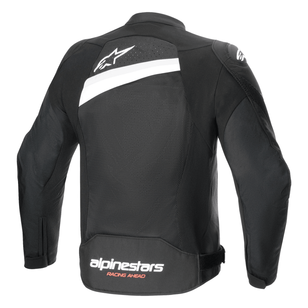 Chaqueta Alpinestars T-GP Plus R V4 Airflow, chaqueta de moto textil en color negro y blanco, vista trasera con amplio panel de malla, logotipo de estrella blanca en la parte superior de la espalda y marca Alpinestars Racing Ahead en la parte inferior, diseño de ajuste deportivo para ventilación óptima