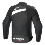 Chaqueta Alpinestars T-GP Plus R V4 Airflow, chaqueta de moto textil en color negro y blanco, vista trasera con amplio panel de malla, logotipo de estrella blanca en la parte superior de la espalda y marca Alpinestars Racing Ahead en la parte inferior, diseño de ajuste deportivo para ventilación óptima