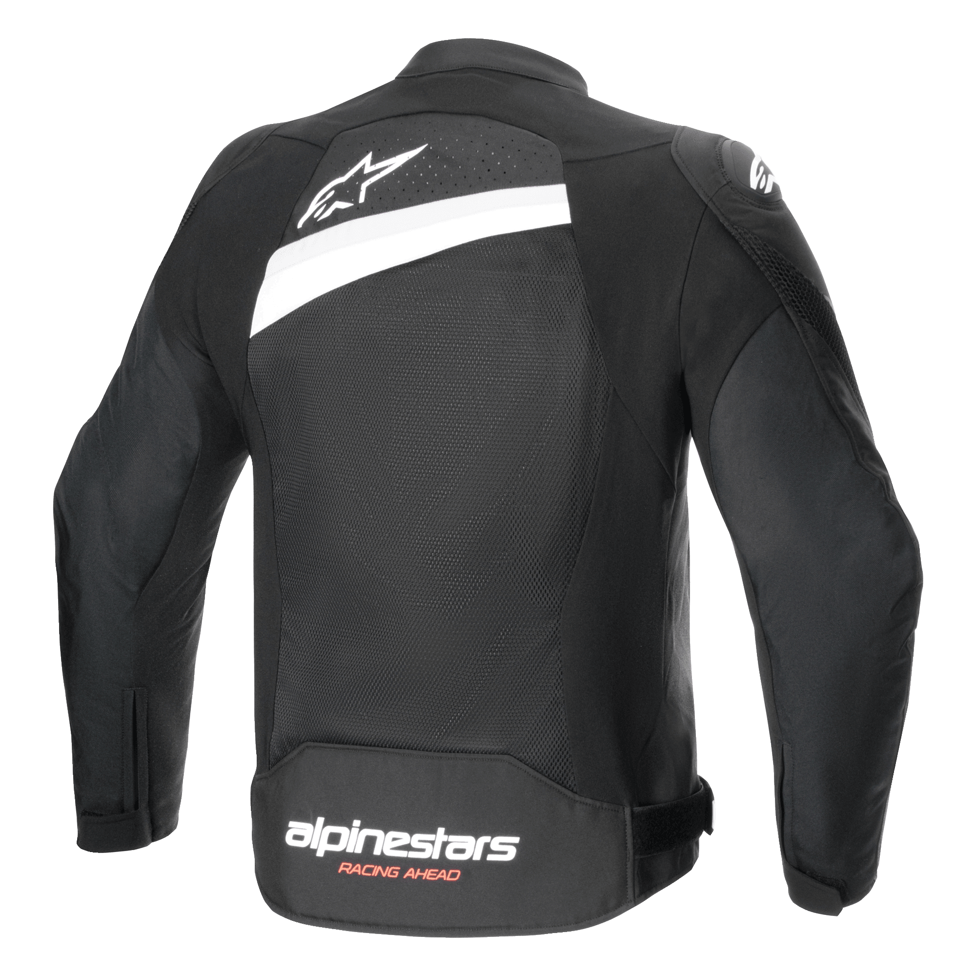 Chaqueta Alpinestars T-GP Plus R V4 Airflow, chaqueta de moto textil en color negro y blanco, vista trasera con amplio panel de malla, logotipo de estrella blanca en la parte superior de la espalda y marca Alpinestars Racing Ahead en la parte inferior, diseño de ajuste deportivo para ventilación óptima