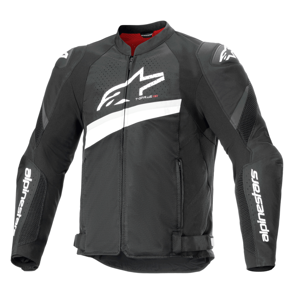Alpinestars T-GP Plus R V4 Airflow Jacket, chaqueta de textil para carreras de motos, negra y blanca, con un gran logotipo Astar blanco en el pecho, paneles de malla perforada para ventilación, forro interior rojo y protectores de hombros DFS Lite