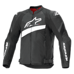 Alpinestars T-GP Plus R V4 Airflow Jacket, chaqueta de textil para carreras de motos, negra y blanca, con un gran logotipo Astar blanco en el pecho, paneles de malla perforada para ventilación, forro interior rojo y protectores de hombros DFS Lite