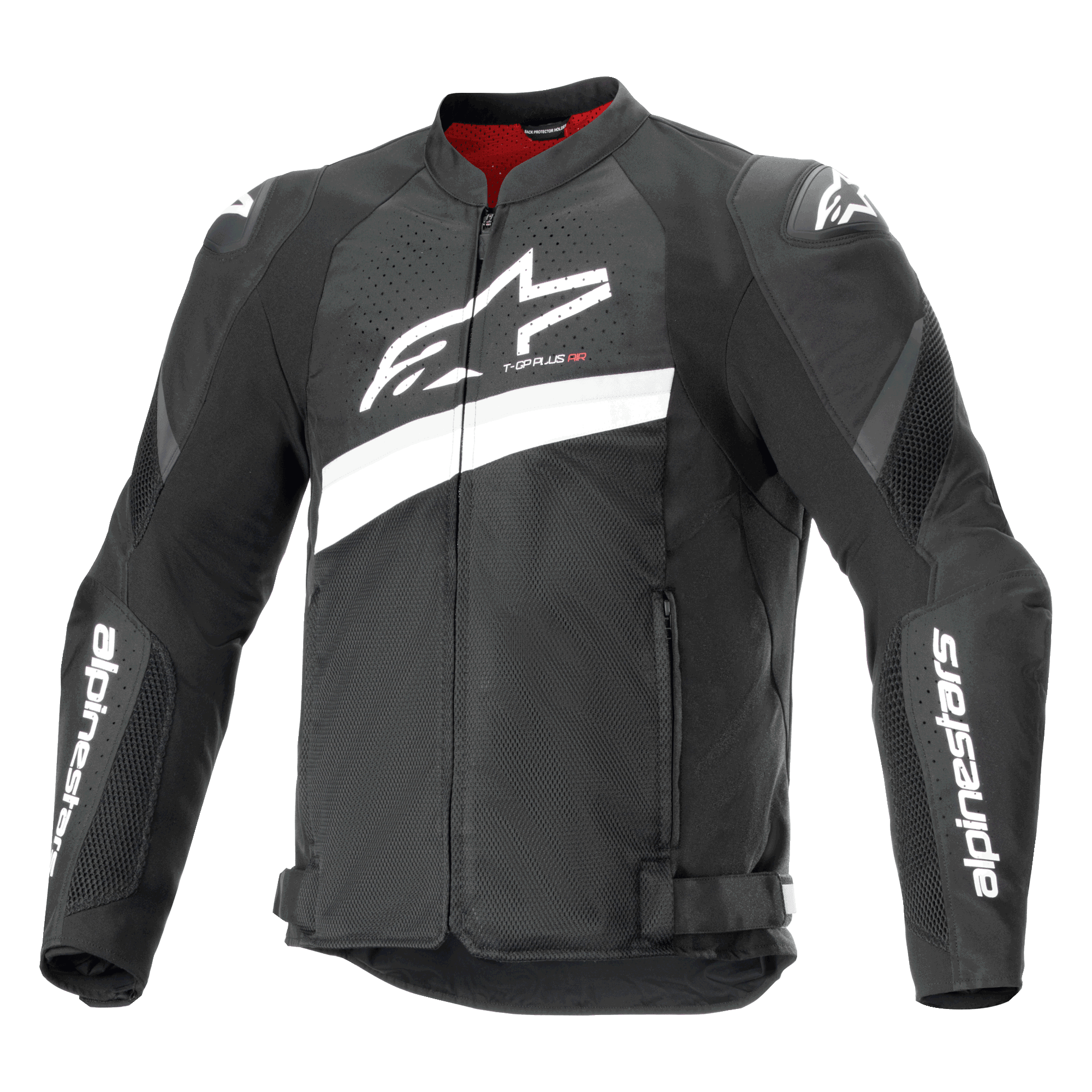 Alpinestars T-GP Plus R V4 Airflow Jacket, chaqueta de textil para carreras de motos, negra y blanca, con un gran logotipo Astar blanco en el pecho, paneles de malla perforada para ventilación, forro interior rojo y protectores de hombros DFS Lite