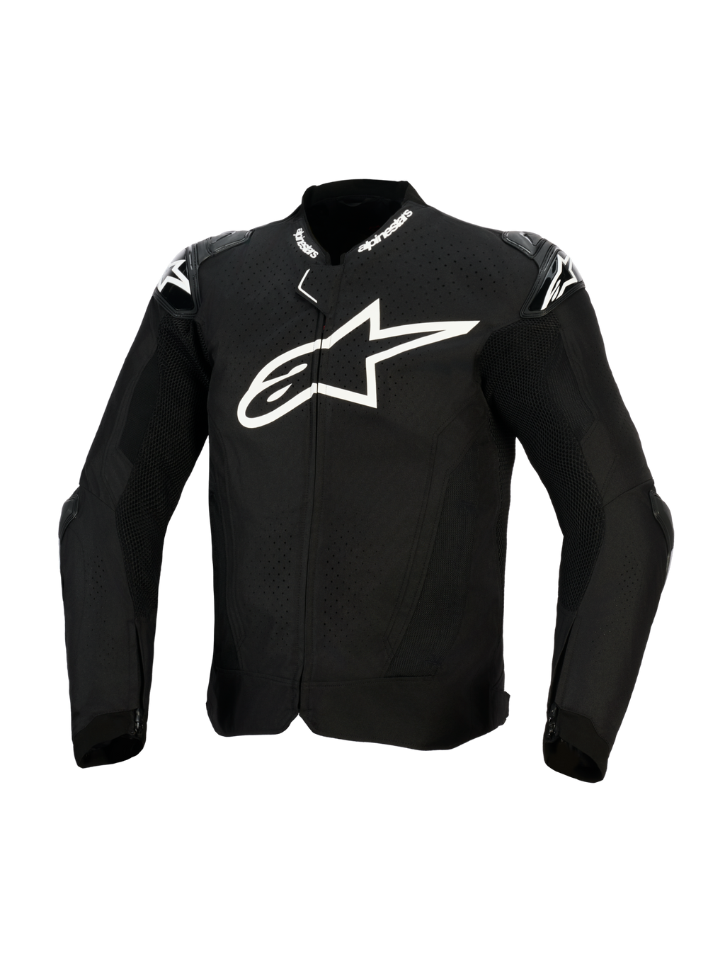 Chaqueta Alpinestars T-GP Air, chaqueta textil de motociclismo en color negro, con un gran logotipo blanco en el pecho, paneles de ventilación perforados con láser y deslizadores externos en los hombros, vista frontal