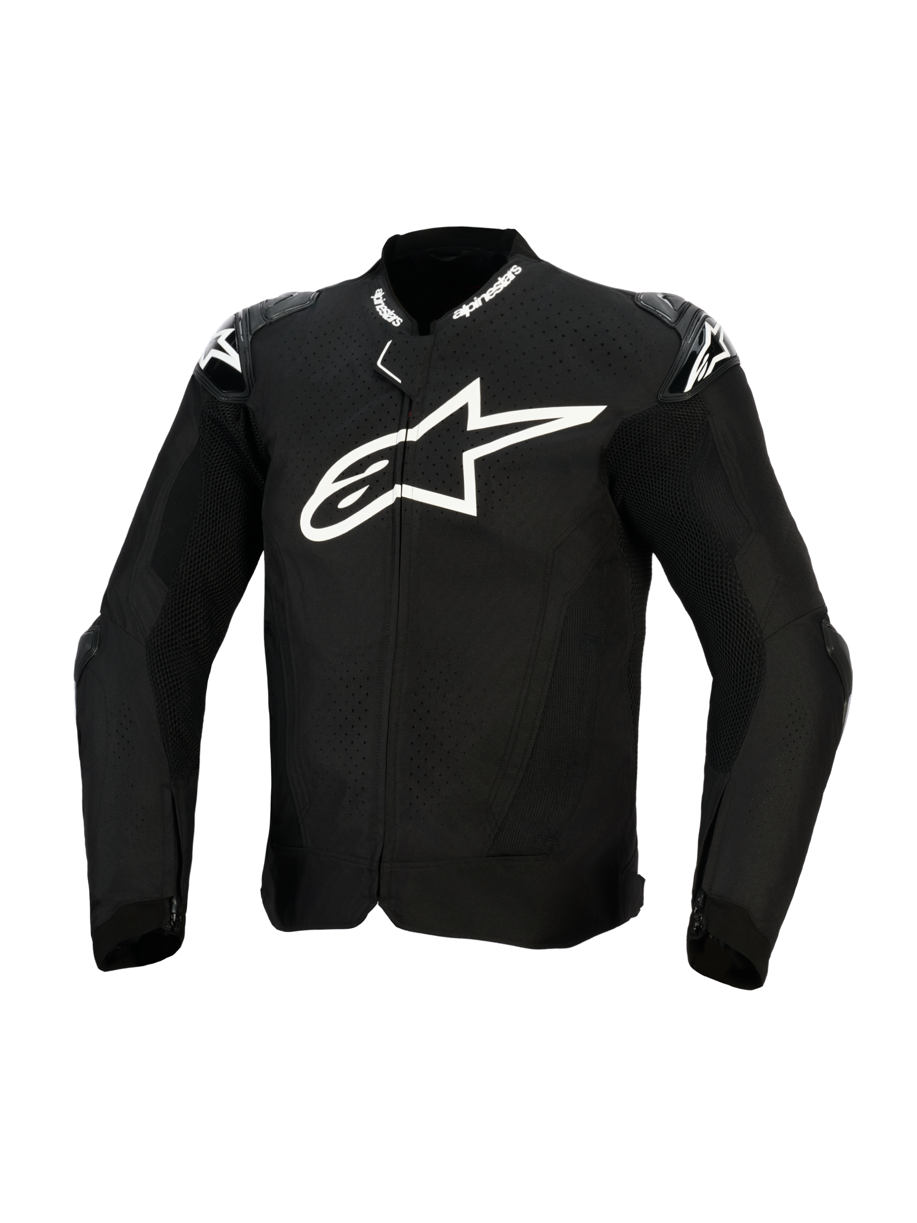 Chaqueta Alpinestars T-GP Air, chaqueta textil de motociclismo en color negro, con un gran logotipo blanco en el pecho, paneles de ventilación perforados con láser y deslizadores externos en los hombros, vista frontal