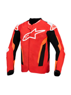Chaqueta Alpinestars T-GP Air, chaqueta textil para motociclismo, rojo brillante y negro con detalles blancos, con un gran logotipo blanco en el pecho, paneles frontales perforados con láser y secciones de malla negra para ventilación, diseño de ajuste deportivo.