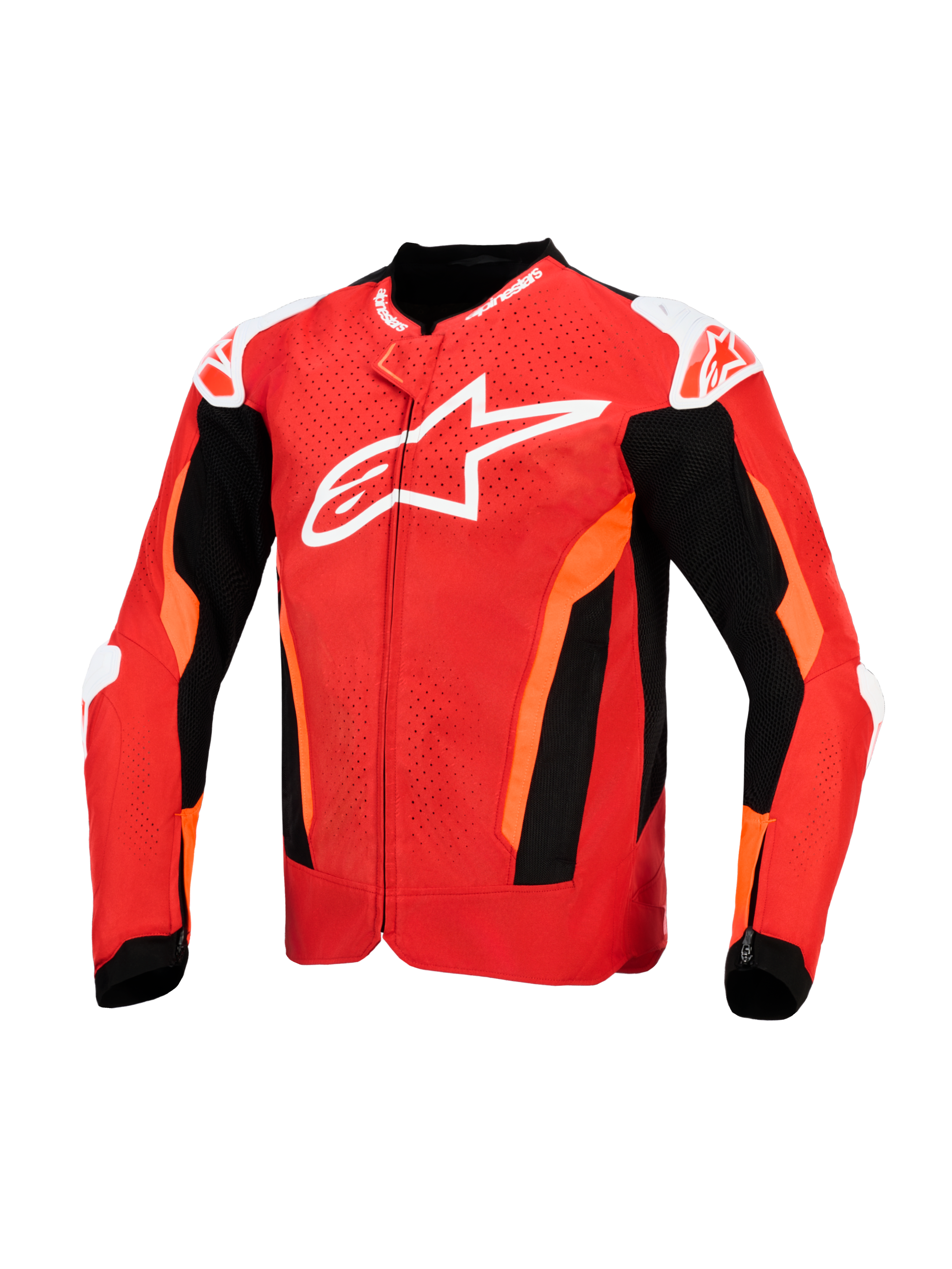 Chaqueta Alpinestars T-GP Air, chaqueta textil para motociclismo, rojo brillante y negro con detalles blancos, con un gran logotipo blanco en el pecho, paneles frontales perforados con láser y secciones de malla negra para ventilación, diseño de ajuste deportivo.
