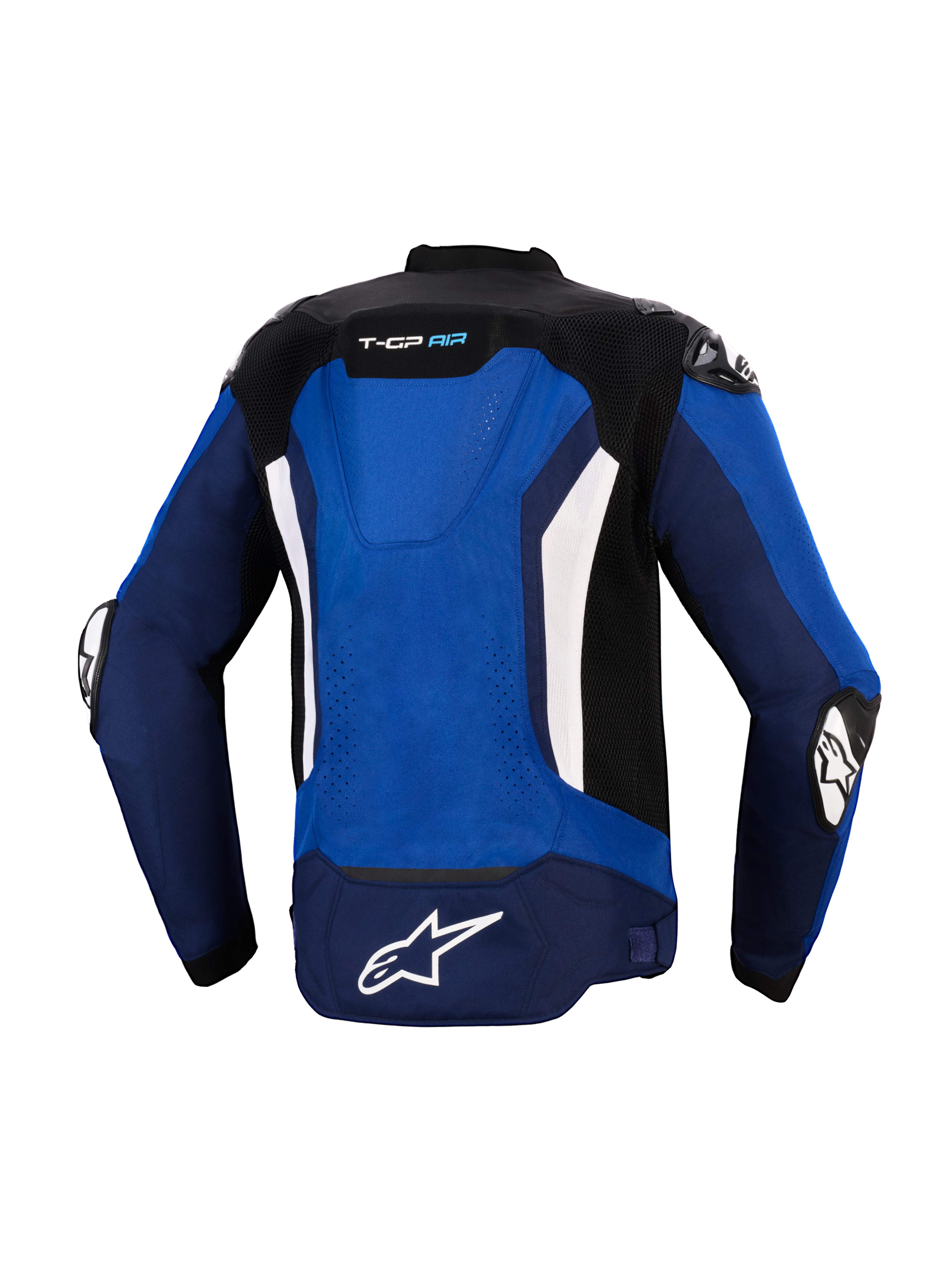 Alpinestars T-GP Air Jacket, Rear view, Bright Blue Navy and White, sport textile motorcycle jacket featuring an integrated aerodynamic hump, mesh ventilation panels, white vertical accents, and white Astars logo on the tail, designed for high-performance riding