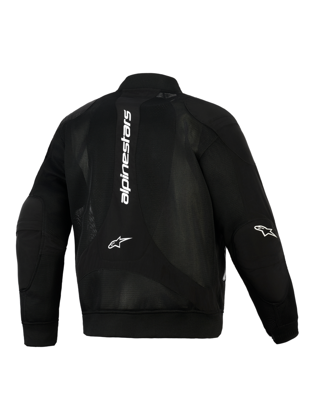 Chaqueta Alpinestars Flight Air, negra, vista trasera, chaqueta de moto urbana estilo bomber con paneles de malla 3D extendidos, marca vertical blanca en la espalda, logotipos Astar en los codos y puños y dobladillo de punto elástico acanalado.