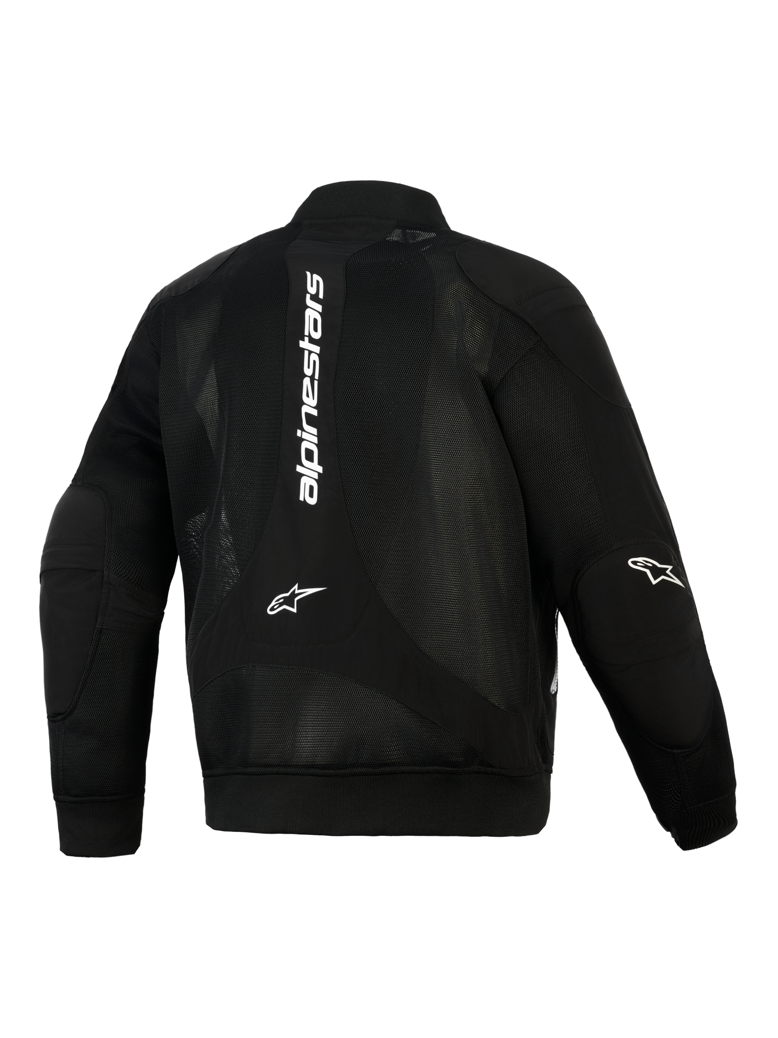 Chaqueta Alpinestars Flight Air, negra, vista trasera, chaqueta de moto urbana estilo bomber con paneles de malla 3D extendidos, marca vertical blanca en la espalda, logotipos Astar en los codos y puños y dobladillo de punto elástico acanalado.