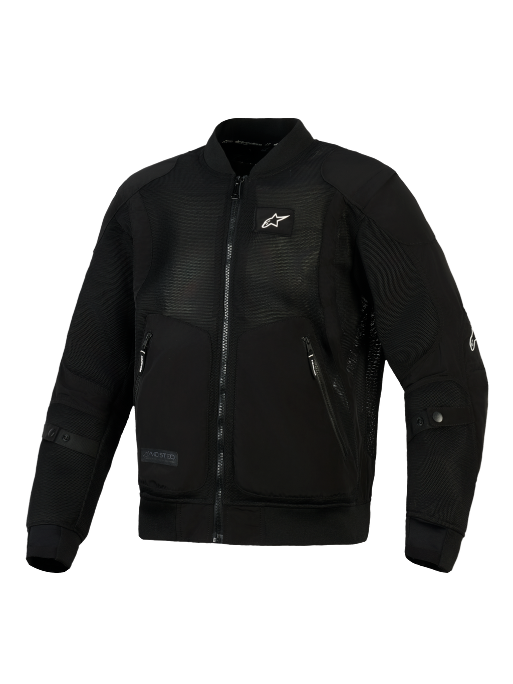 Chaqueta Alpinestars Flight Air en negro, chaqueta de moto de estilo bomber urbano con paneles de malla 3D de alta ventilación, refuerzos de tejido de poliéster sólido, pequeño logotipo blanco en el pecho y cuello y puños acanalados elásticos.