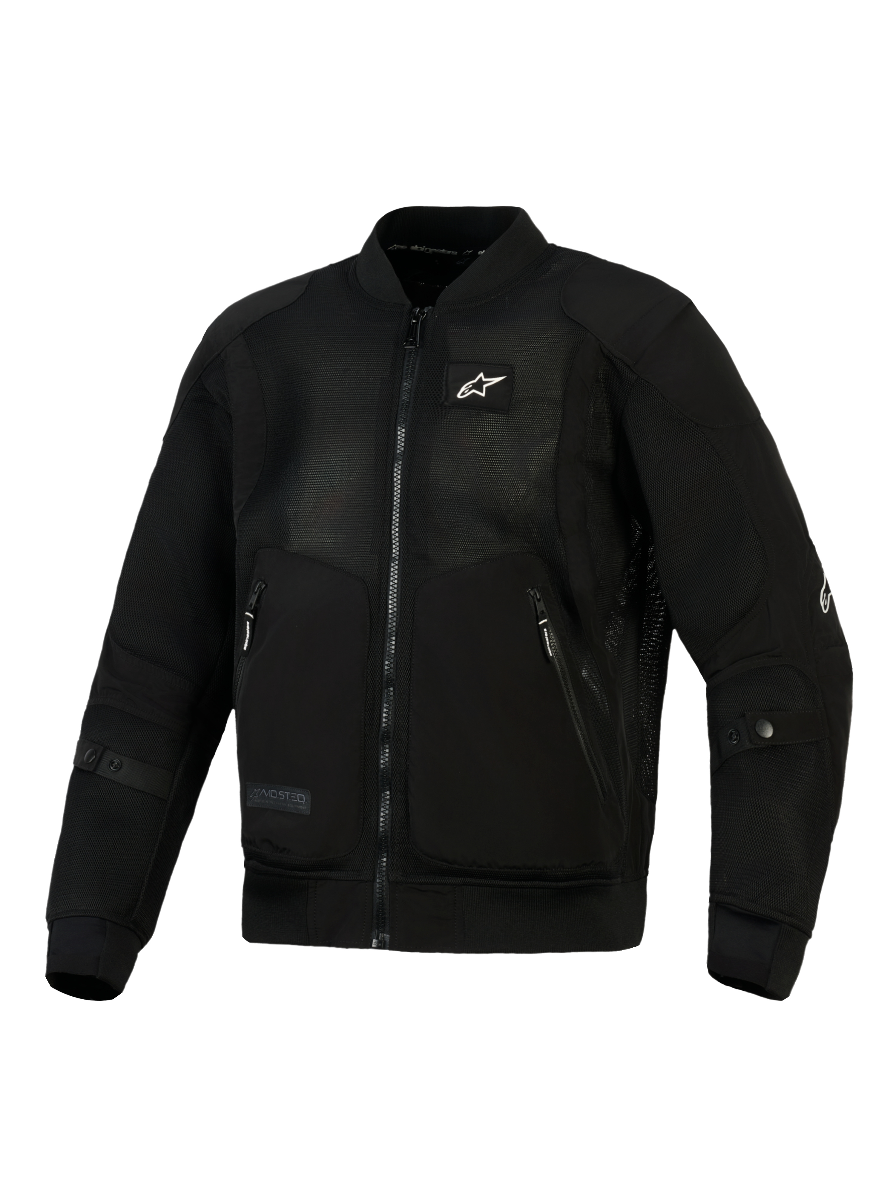 Chaqueta Alpinestars Flight Air en negro, chaqueta de moto de estilo bomber urbano con paneles de malla 3D de alta ventilación, refuerzos de tejido de poliéster sólido, pequeño logotipo blanco en el pecho y cuello y puños acanalados elásticos.