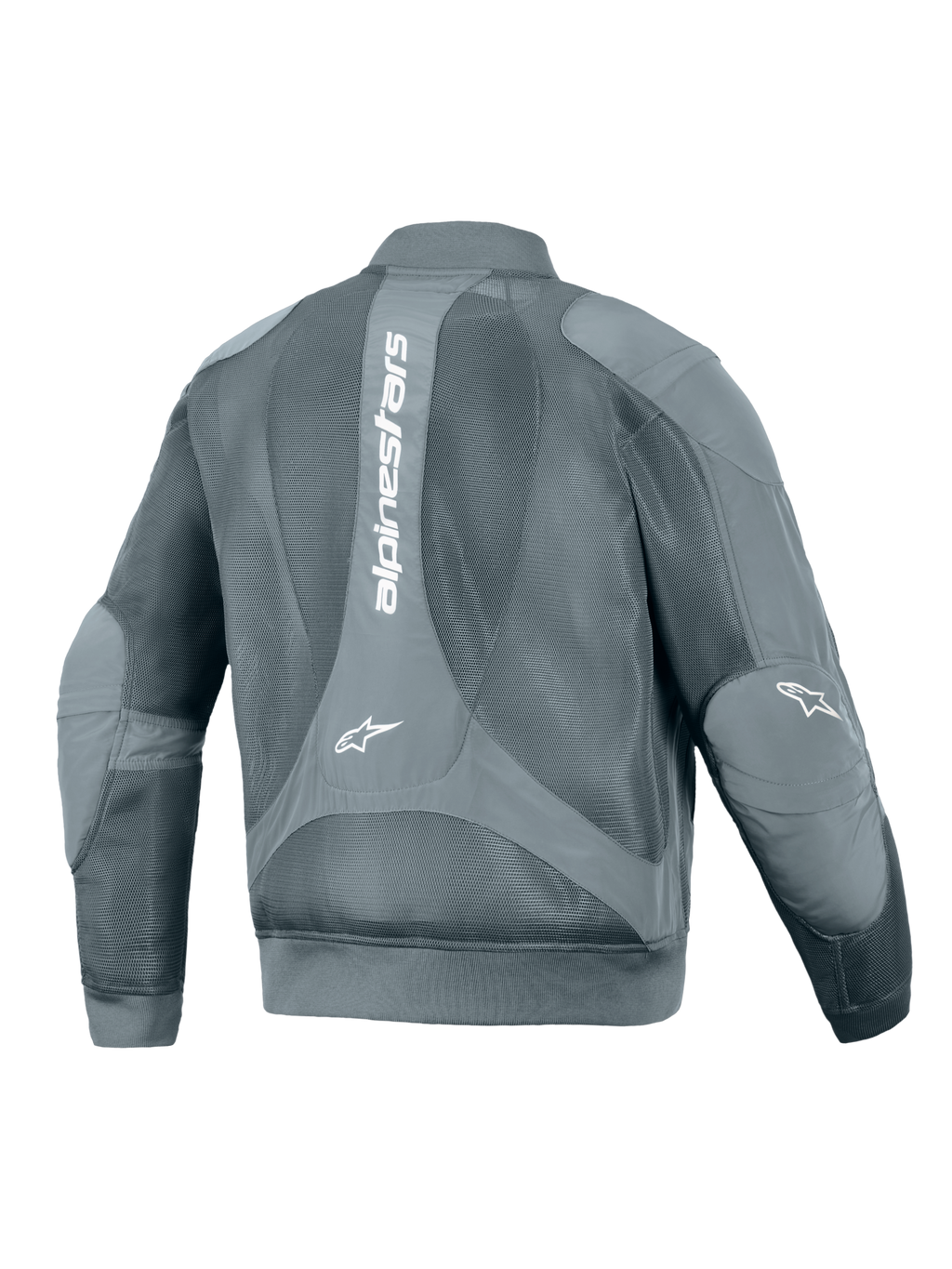 Chaqueta Alpinestars Flight Air, chaqueta urbana de moto, Storm Gray, vista trasera con un gran logotipo vertical de Alpinestars en blanco, amplios paneles de malla 3D para la circulación del aire y cintura y puños acanalados de estilo bomber