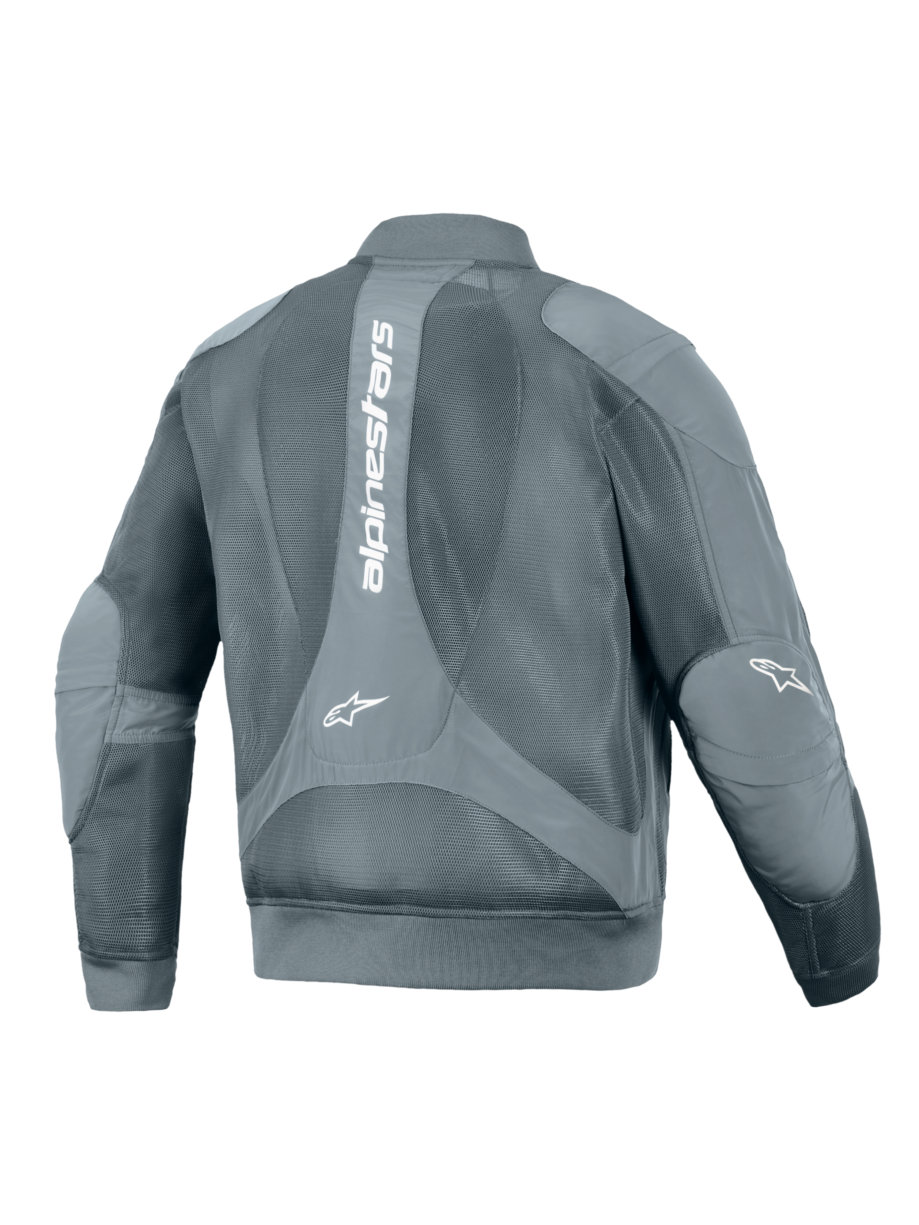 Chaqueta Alpinestars Flight Air, chaqueta urbana de moto, Storm Gray, vista trasera con un gran logotipo vertical de Alpinestars en blanco, amplios paneles de malla 3D para la circulación del aire y cintura y puños acanalados de estilo bomber