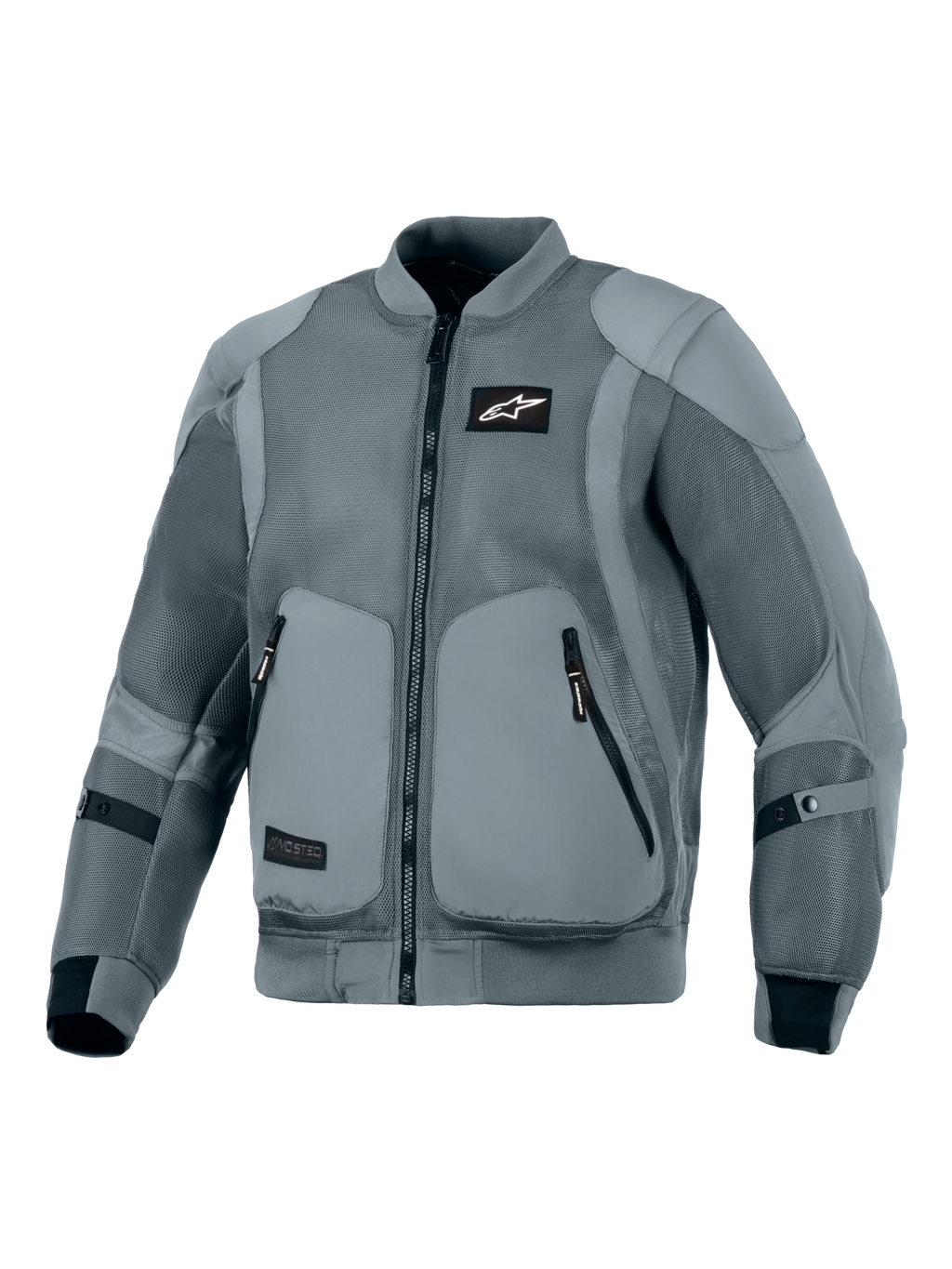 Chaqueta Alpinestars Flight Air, color Storm Gray, chaqueta de moto urbana de estilo bomber con paneles de ventilación de malla 3D extendidos, cuello y puños elásticos acanalados, logo Astars negro en el pecho y bolsillos externos para protectores, diseñada para conducción urbana en climas cálidos.