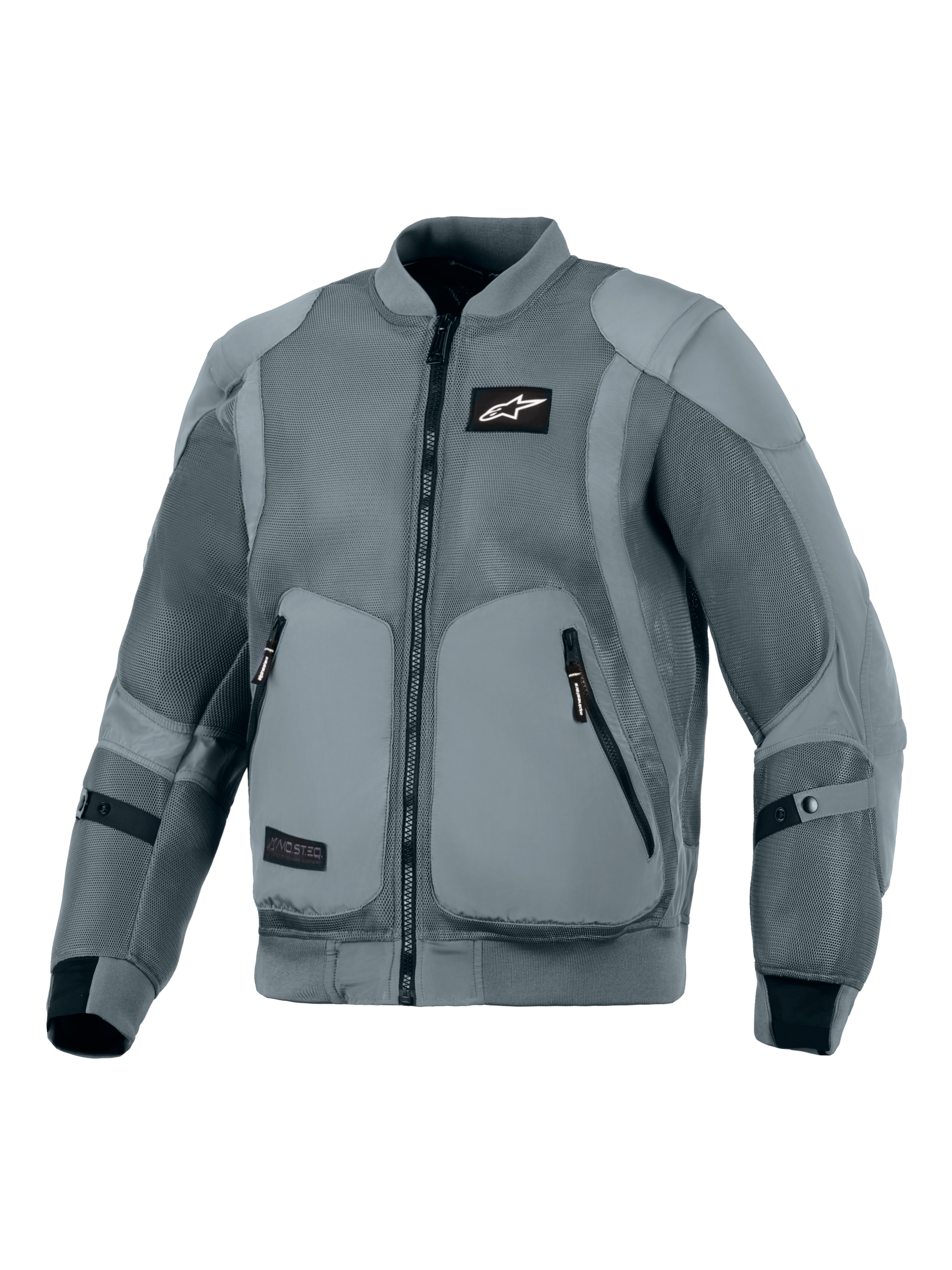 Chaqueta Alpinestars Flight Air, color Storm Gray, chaqueta de moto urbana de estilo bomber con paneles de ventilación de malla 3D extendidos, cuello y puños elásticos acanalados, logo Astars negro en el pecho y bolsillos externos para protectores, diseñada para conducción urbana en climas cálidos.