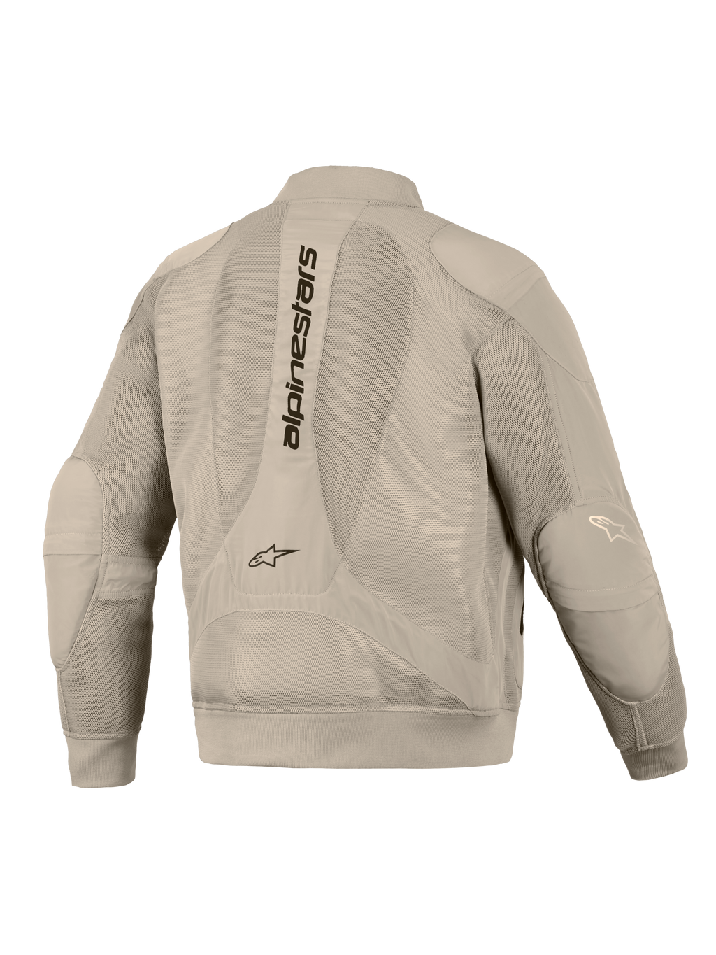 Chaqueta Alpinestars Flight Air en color Aluminum, vista posterior, con amplios paneles de malla 3D para ventilación, logotipo vertical de Alpinestars en la espalda, puños y dobladillo acanalados, y una silueta moderna de estilo bomber para conducción urbana en motocicleta.