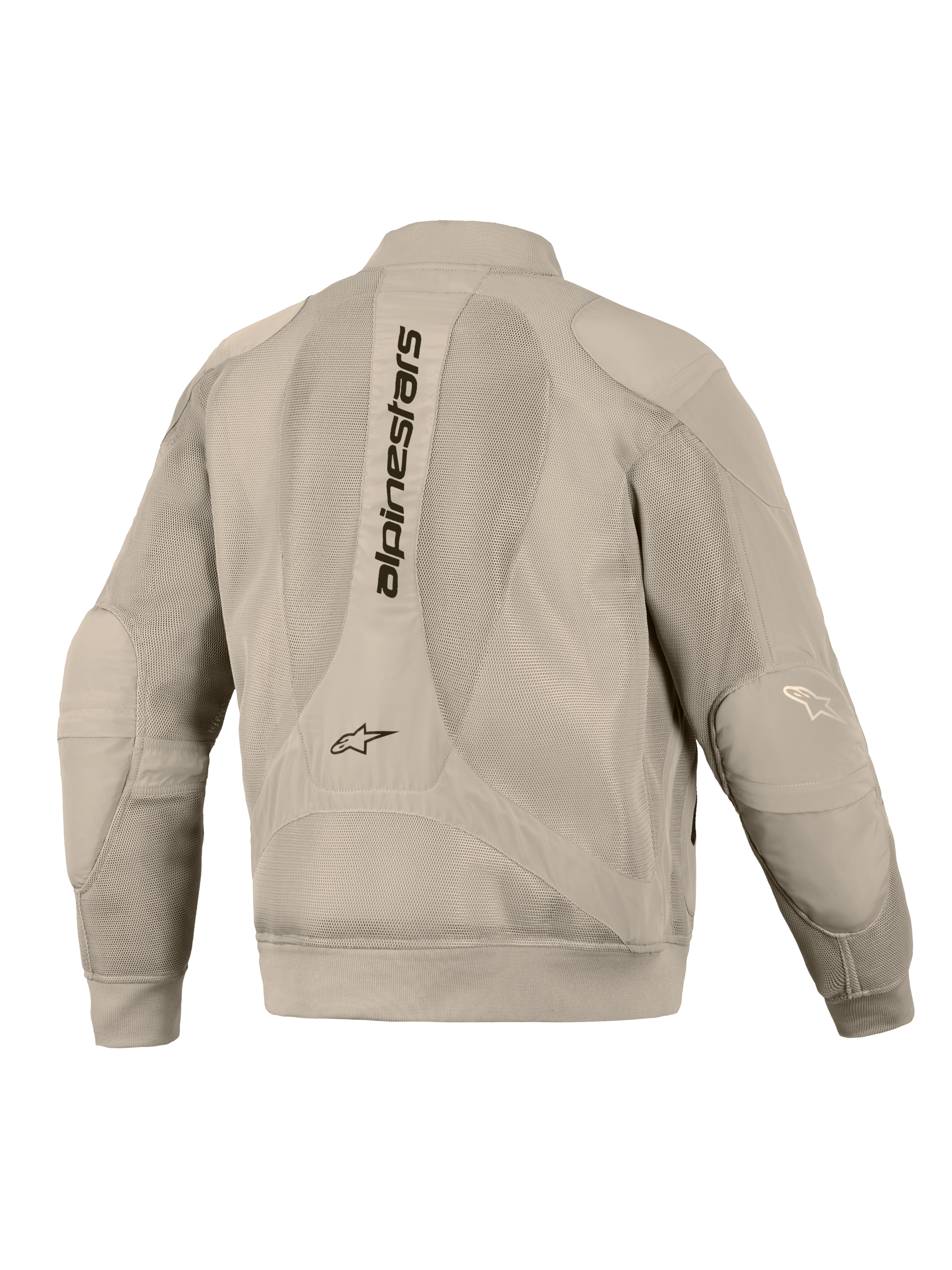 Chaqueta Alpinestars Flight Air en color Aluminum, vista posterior, con amplios paneles de malla 3D para ventilación, logotipo vertical de Alpinestars en la espalda, puños y dobladillo acanalados, y una silueta moderna de estilo bomber para conducción urbana en motocicleta.
